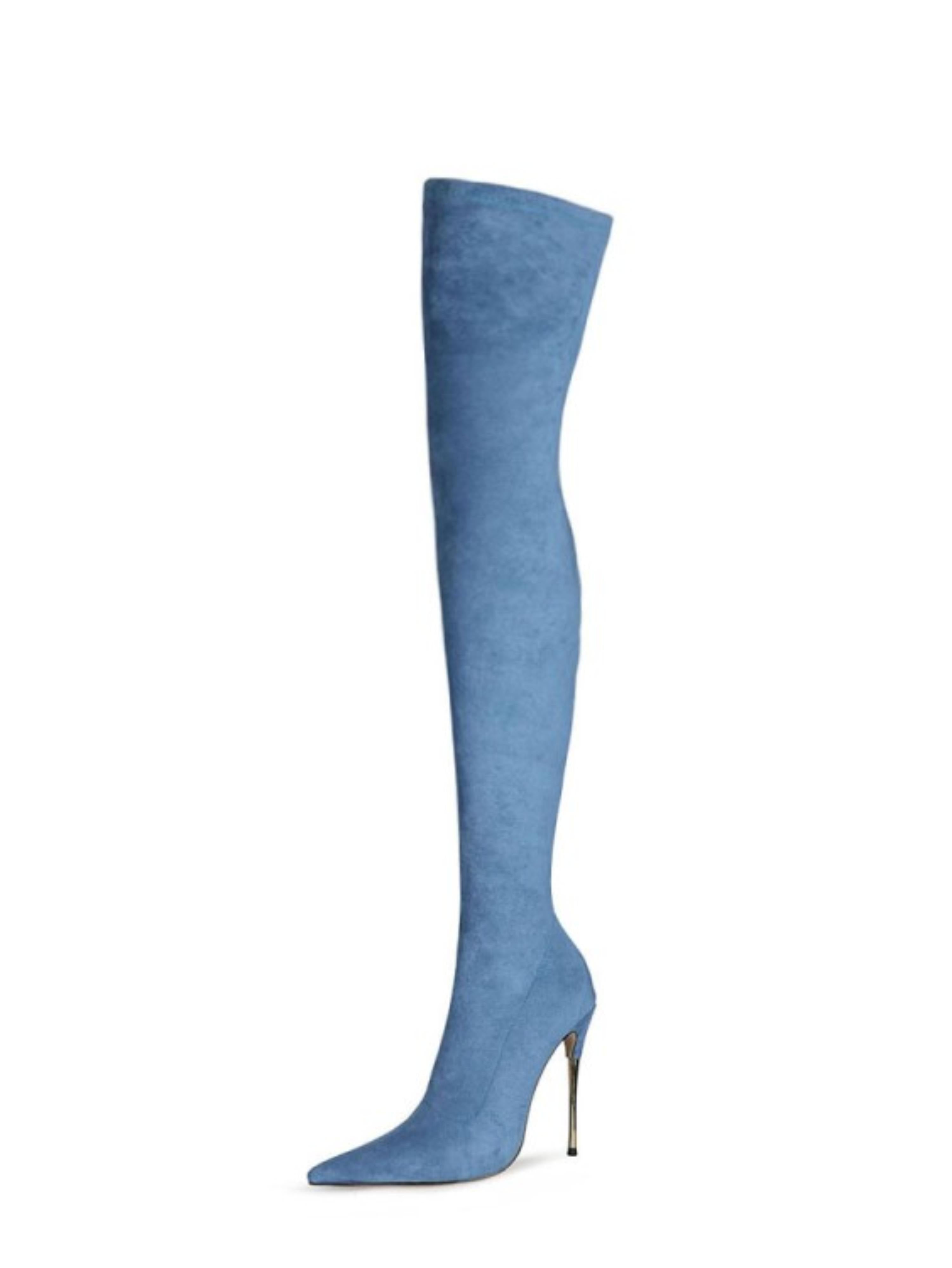 Blue Lycra High Heel Over-The-Knee Boots for Women