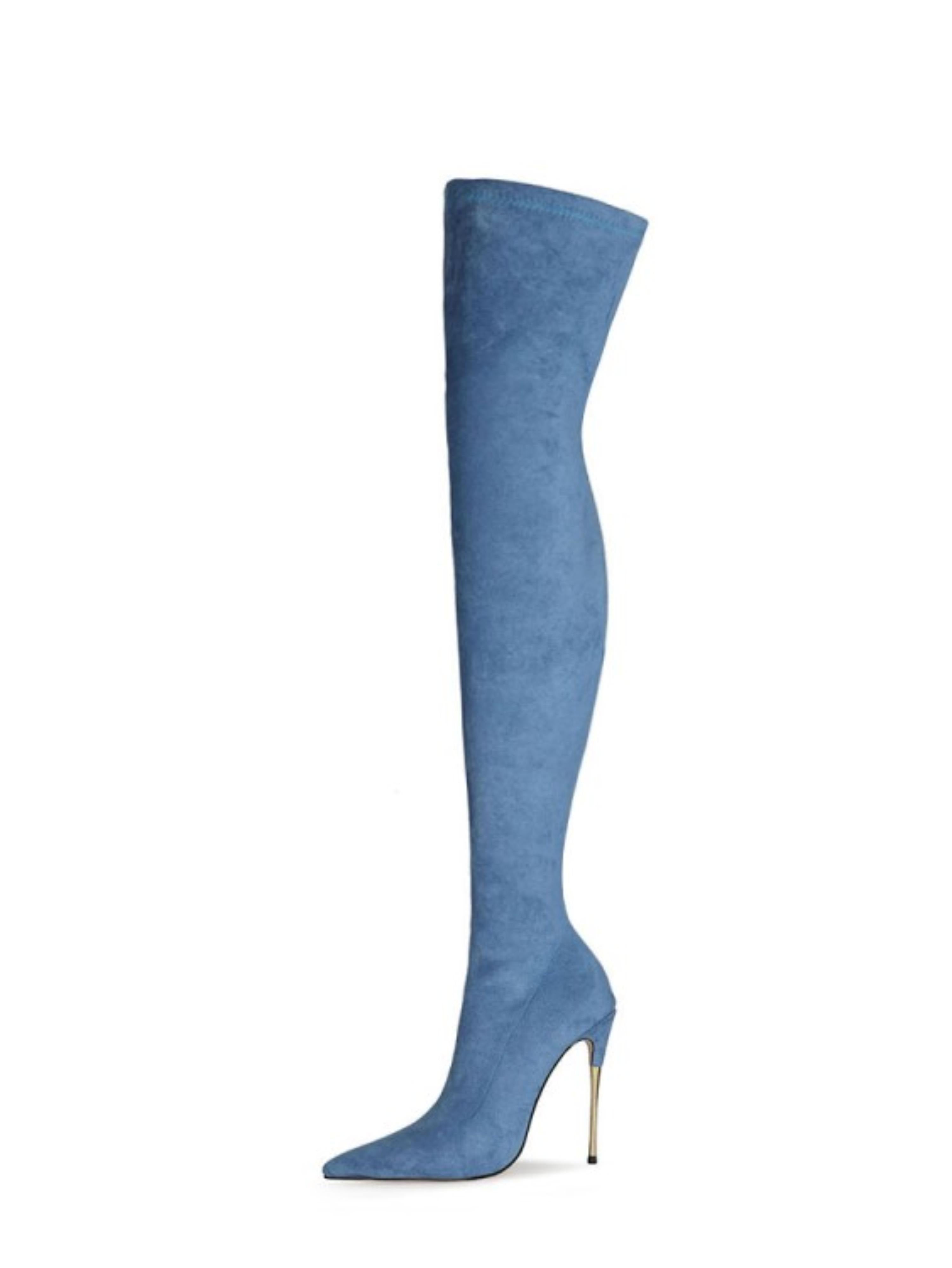 Blue Lycra High Heel Over-The-Knee Boots for Women