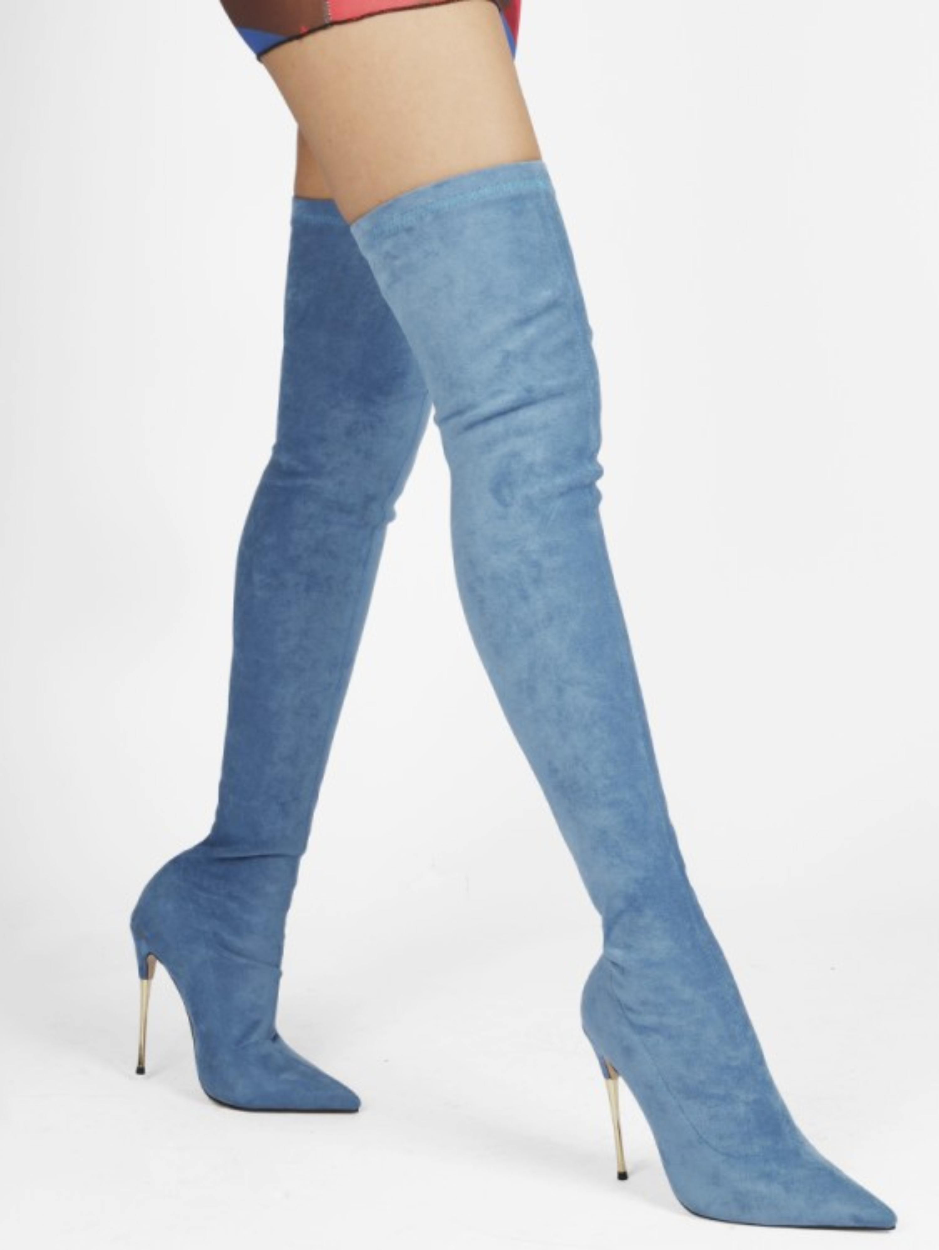 Blue Lycra High Heel Over-The-Knee Boots for Women