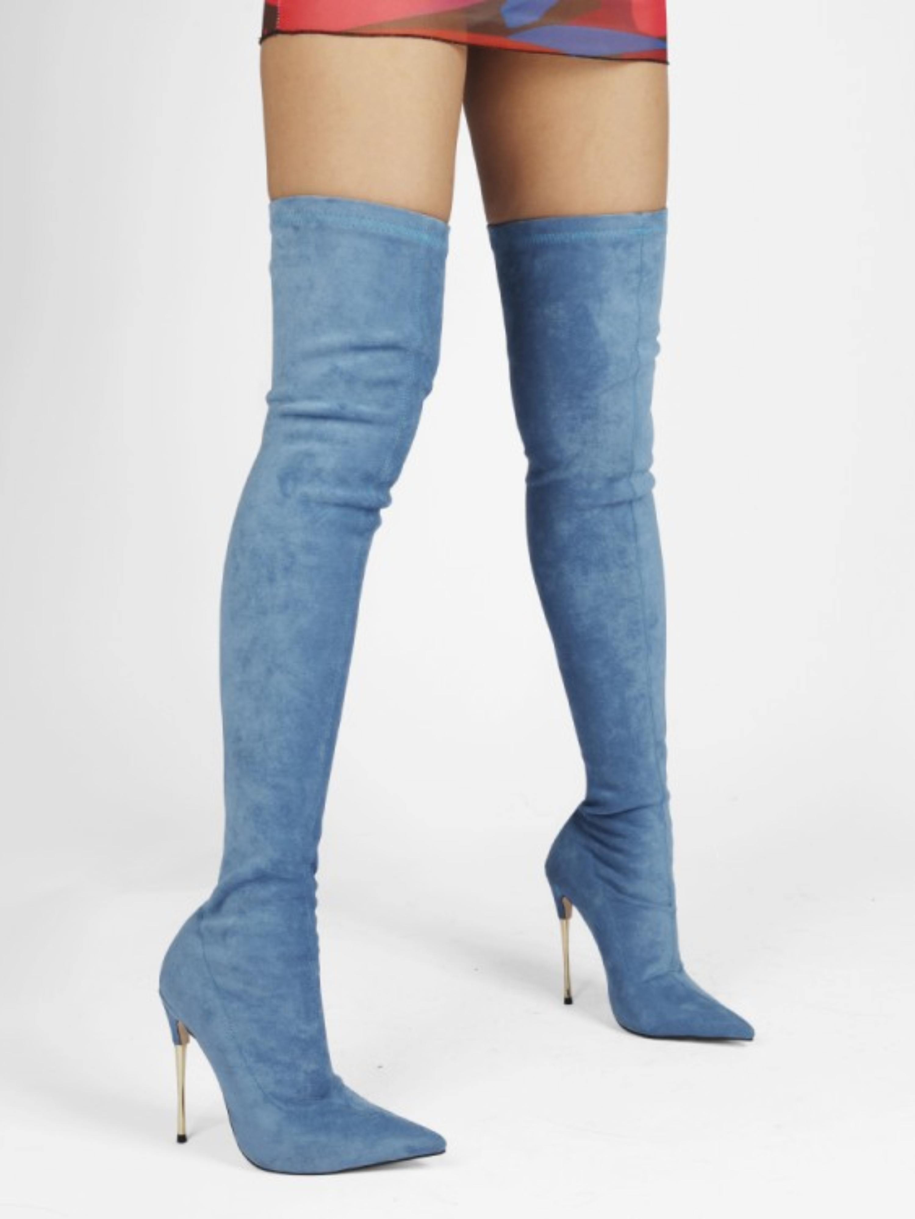 Blue Lycra High Heel Over-The-Knee Boots for Women