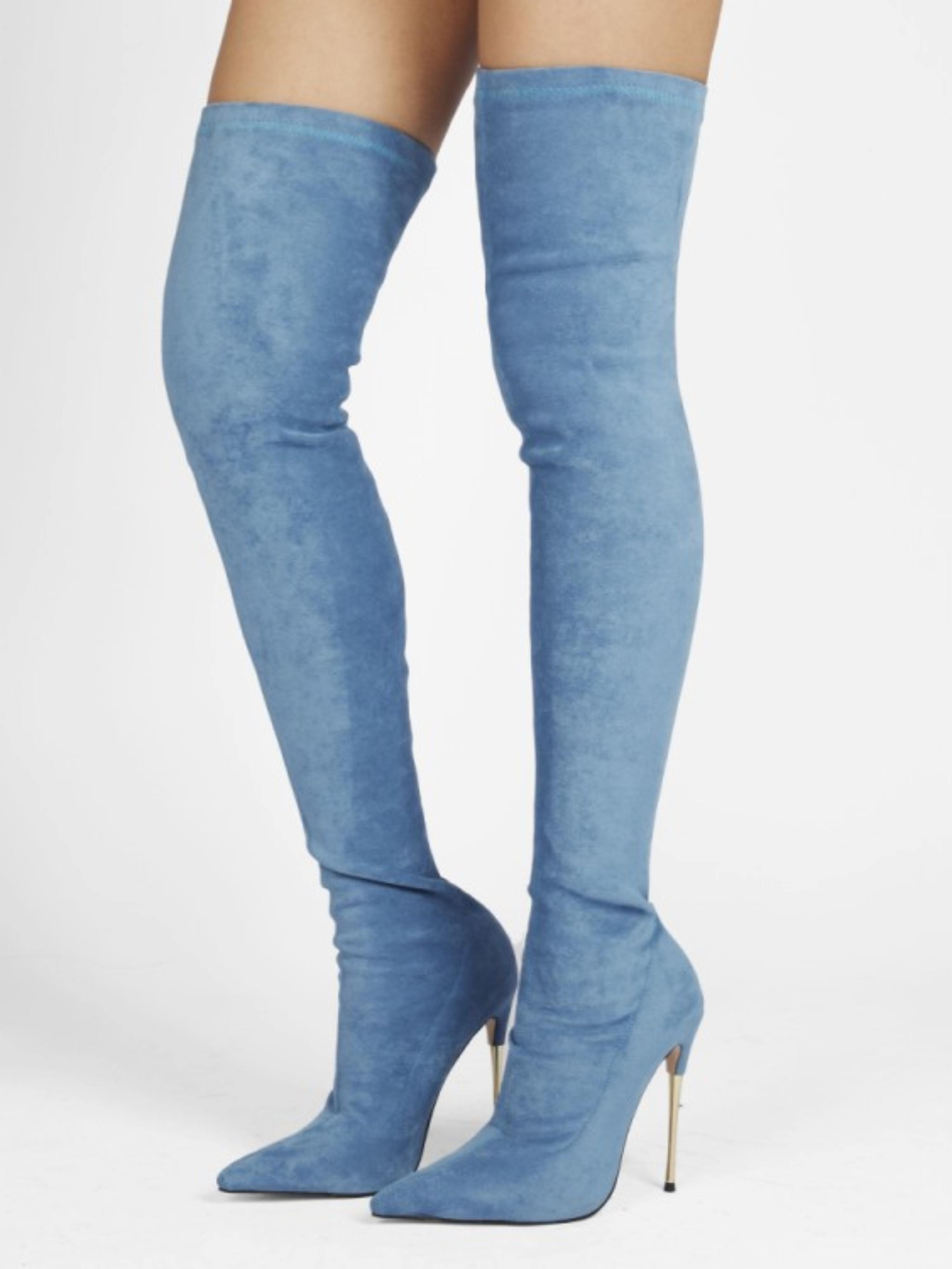 Blue Lycra High Heel Over-The-Knee Boots for Women