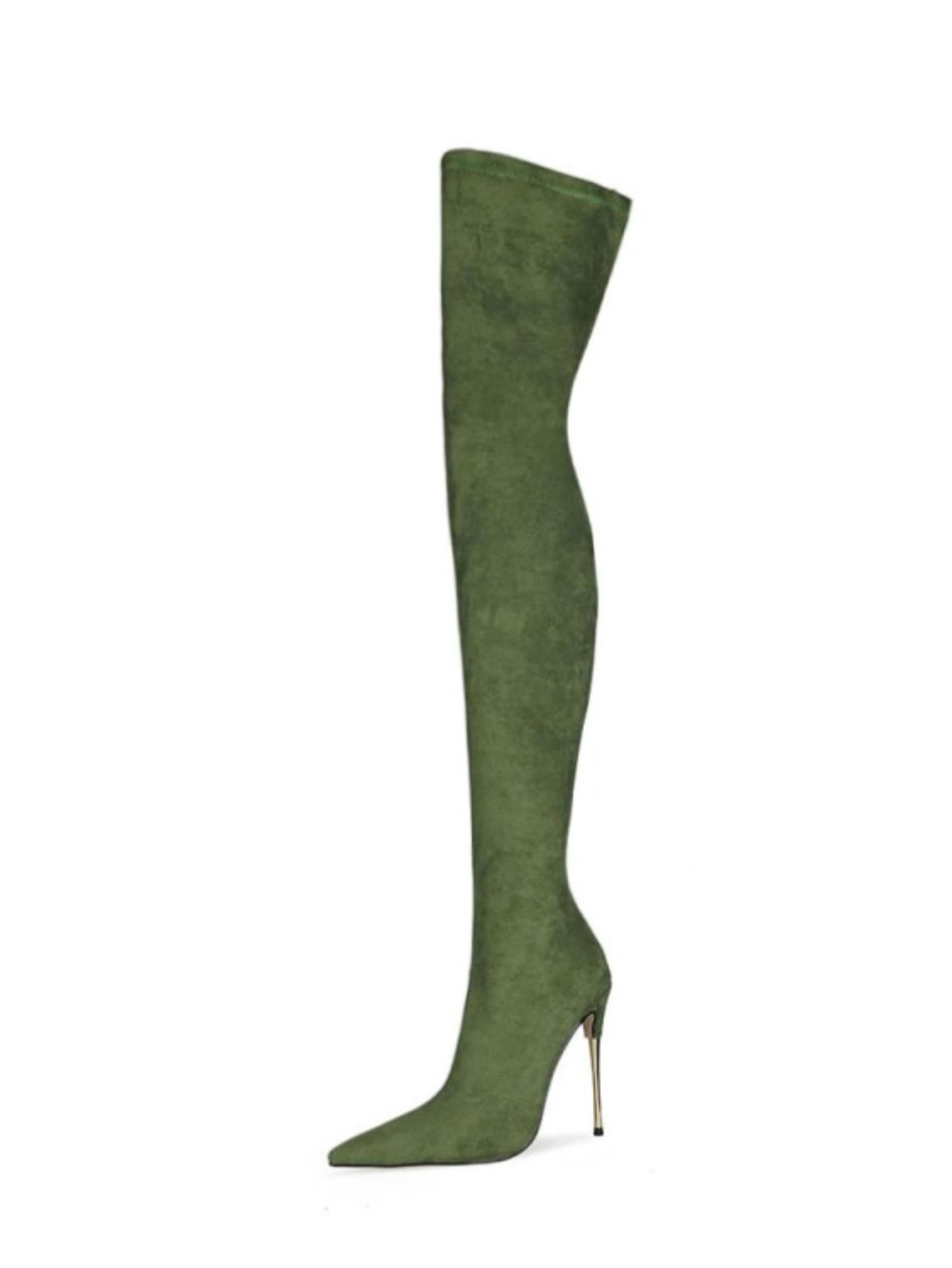 Forest Green Lycra Thigh High Heel Boots for Women
