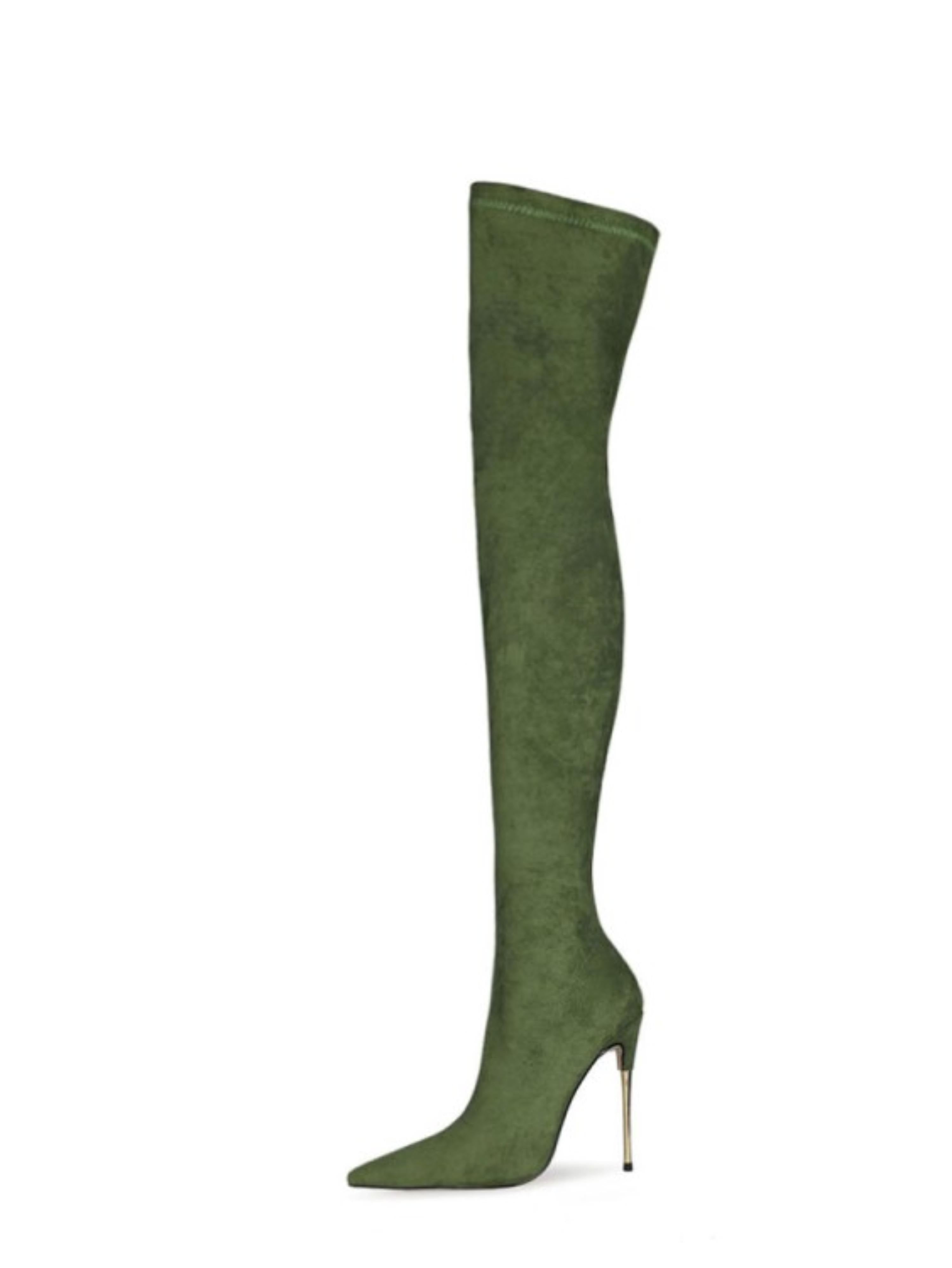 Forest Green Lycra Thigh High Heel Boots for Women