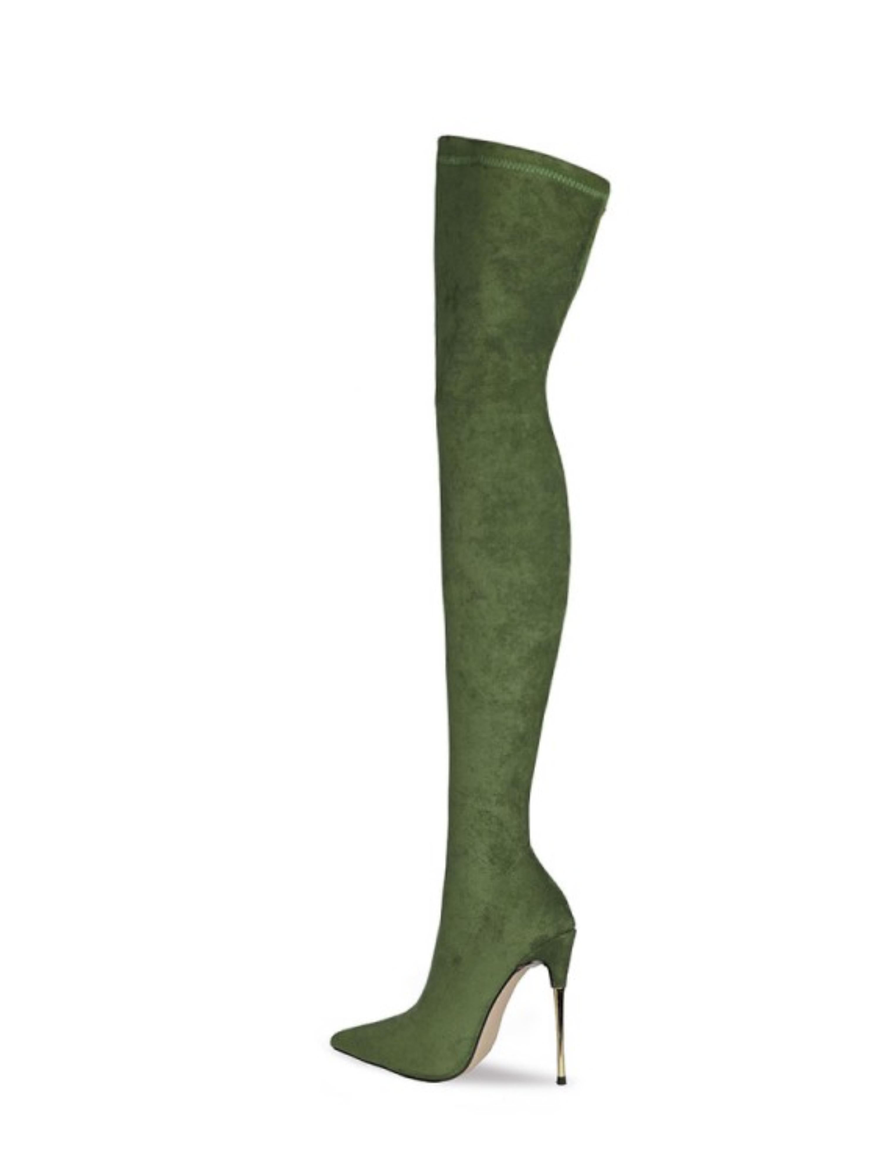 Forest Green Lycra Thigh High Heel Boots for Women