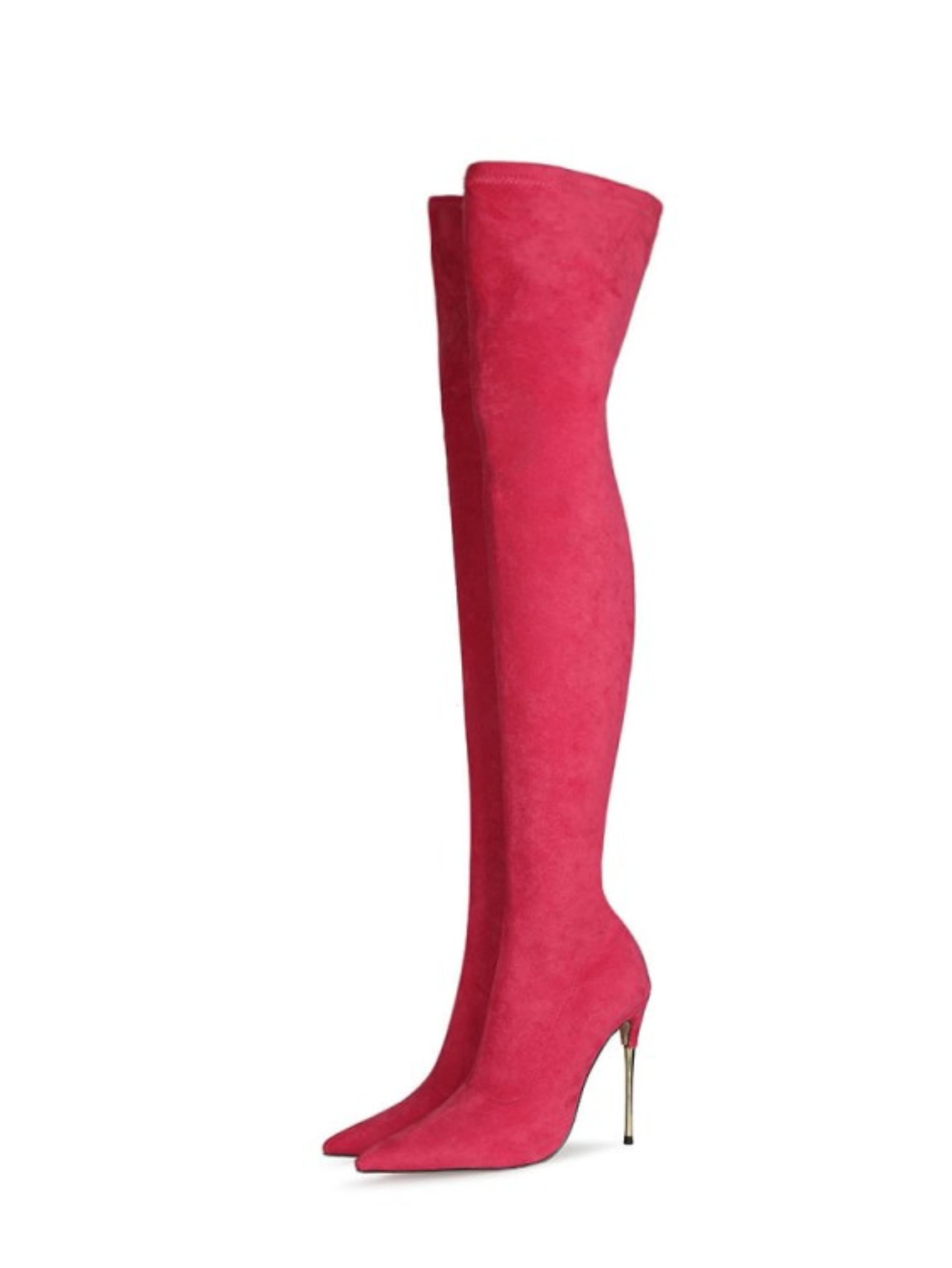 Pink Lycra Thigh-High Heeled Boots for Women