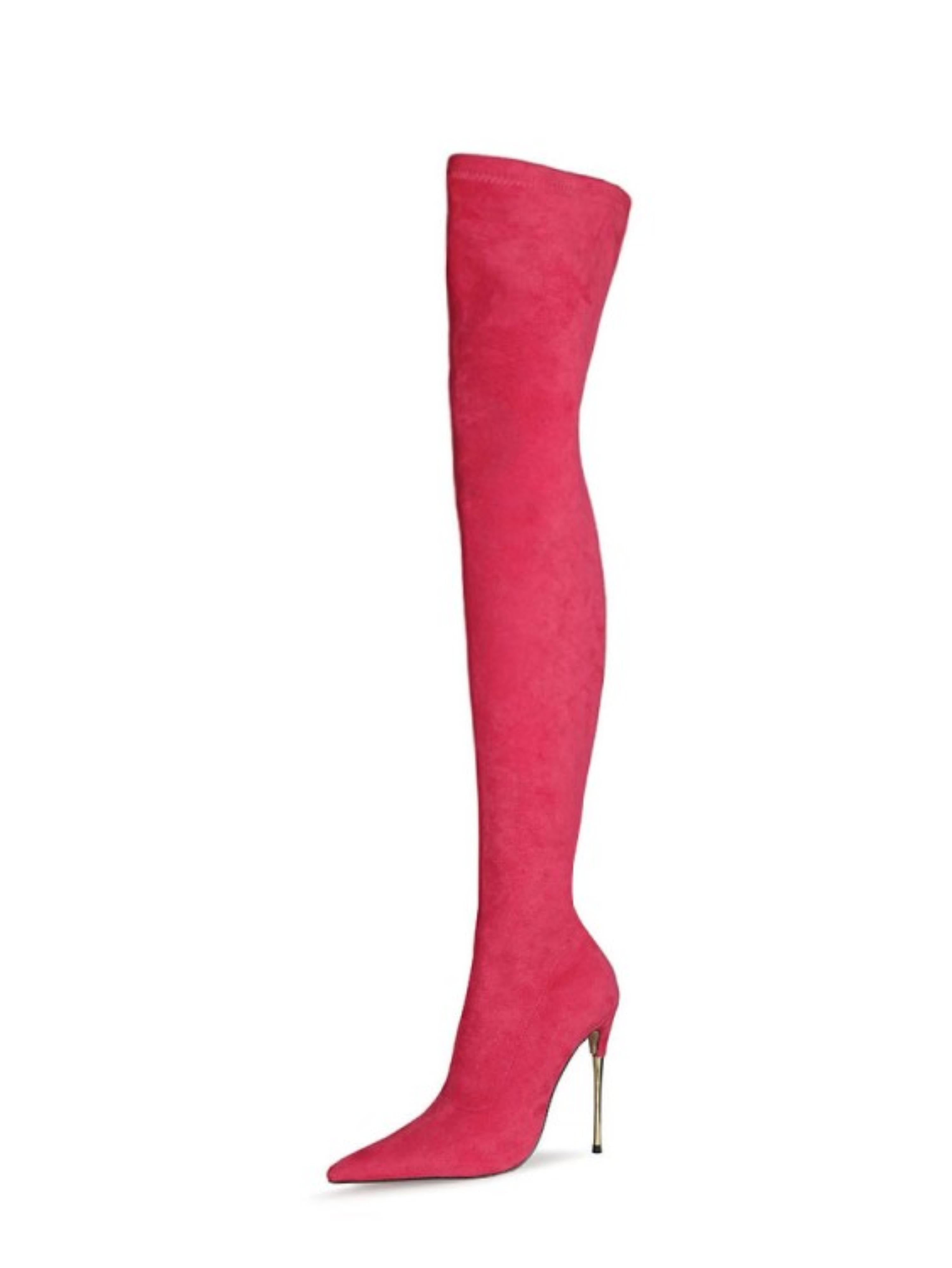 Pink Lycra Thigh-High Heeled Boots for Women