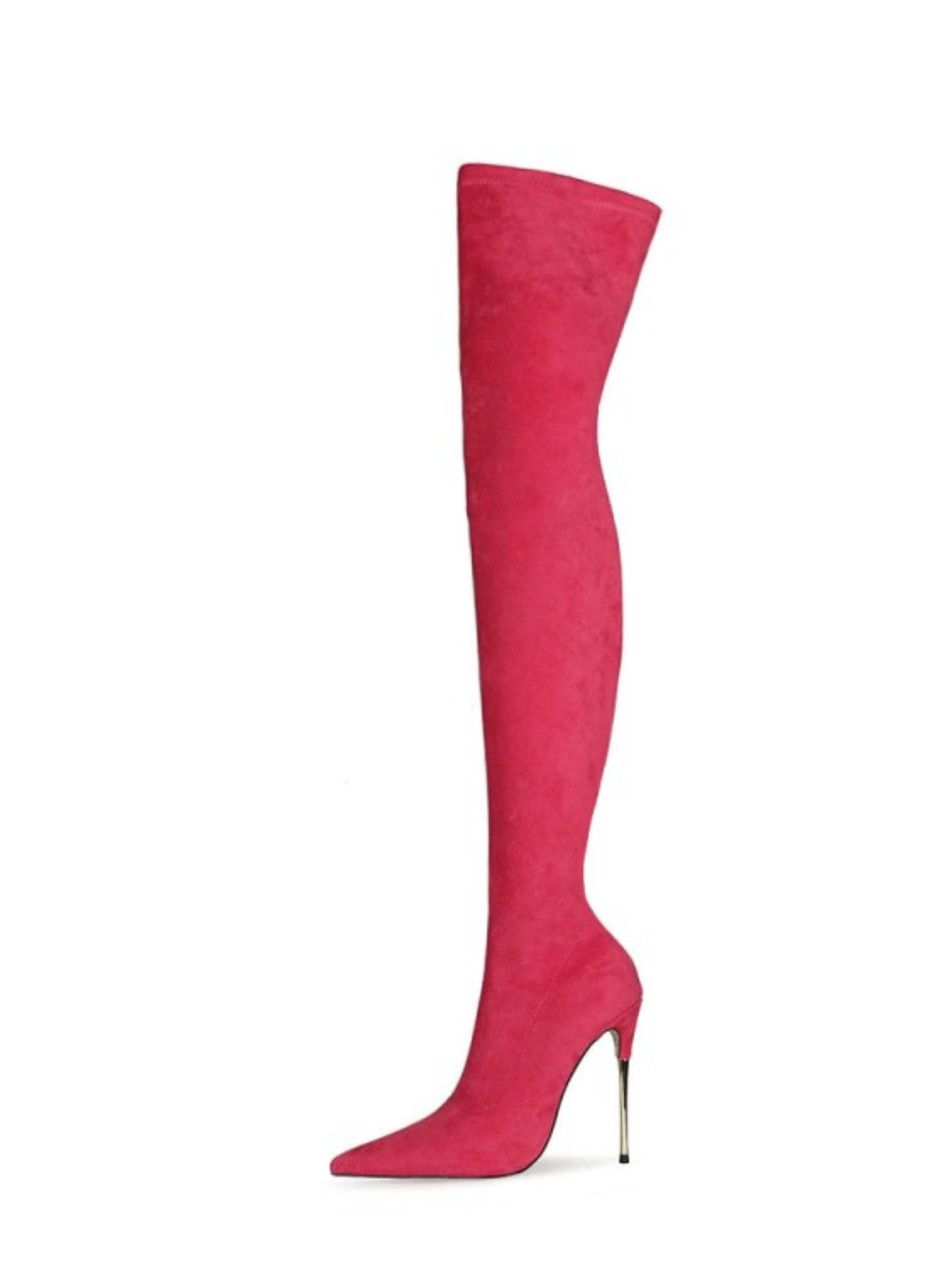 Pink Lycra Thigh-High Heeled Boots for Women
