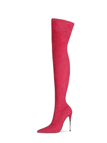 Pink Lycra Thigh-High Heeled Boots for Women
