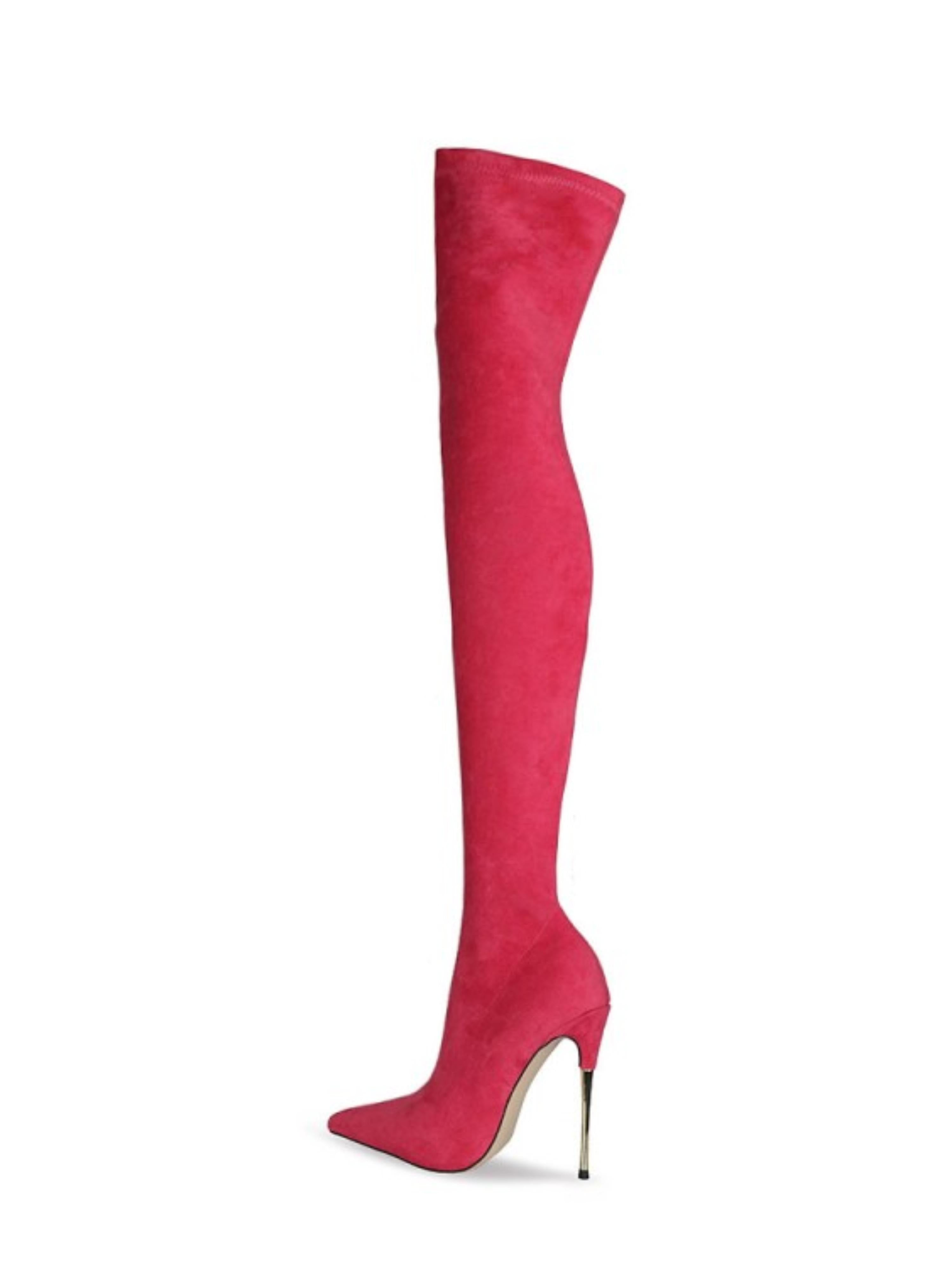 Pink Lycra Thigh-High Heeled Boots for Women