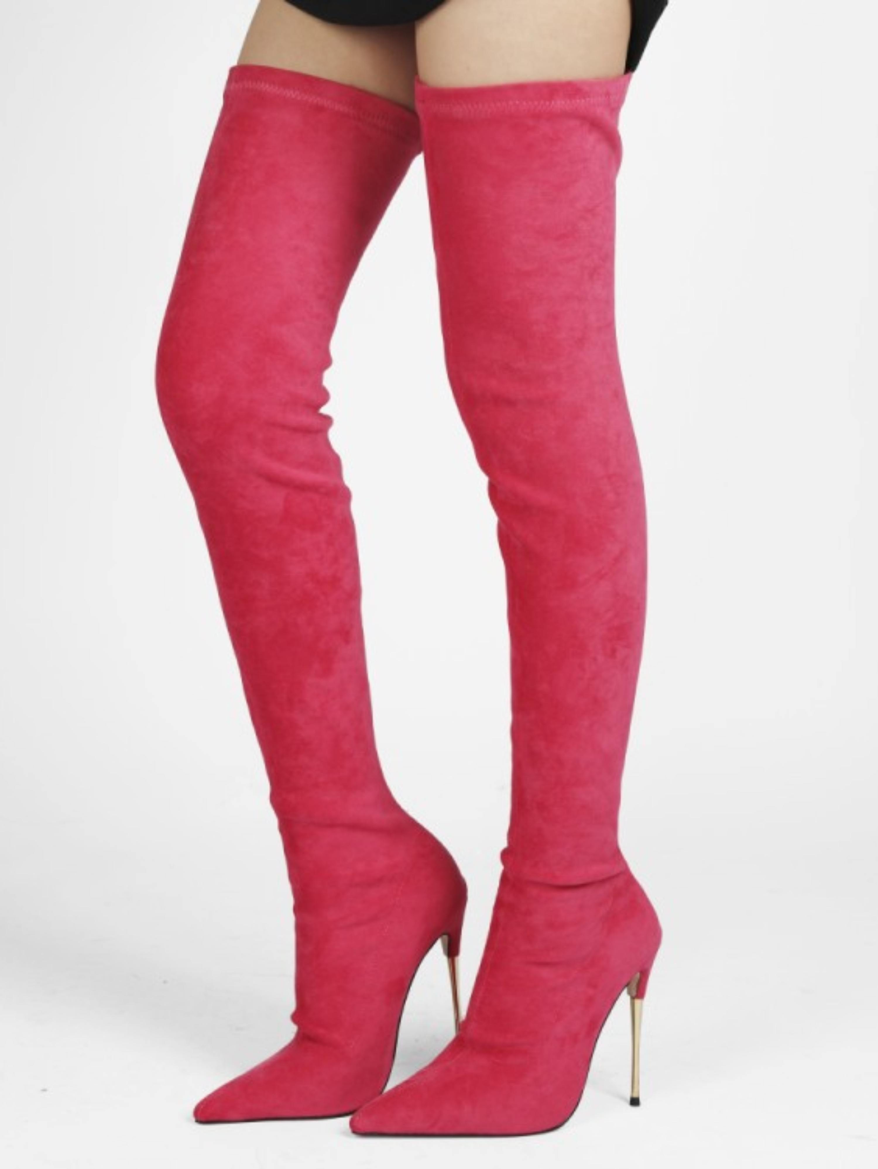 Pink Lycra Thigh-High Heeled Boots for Women
