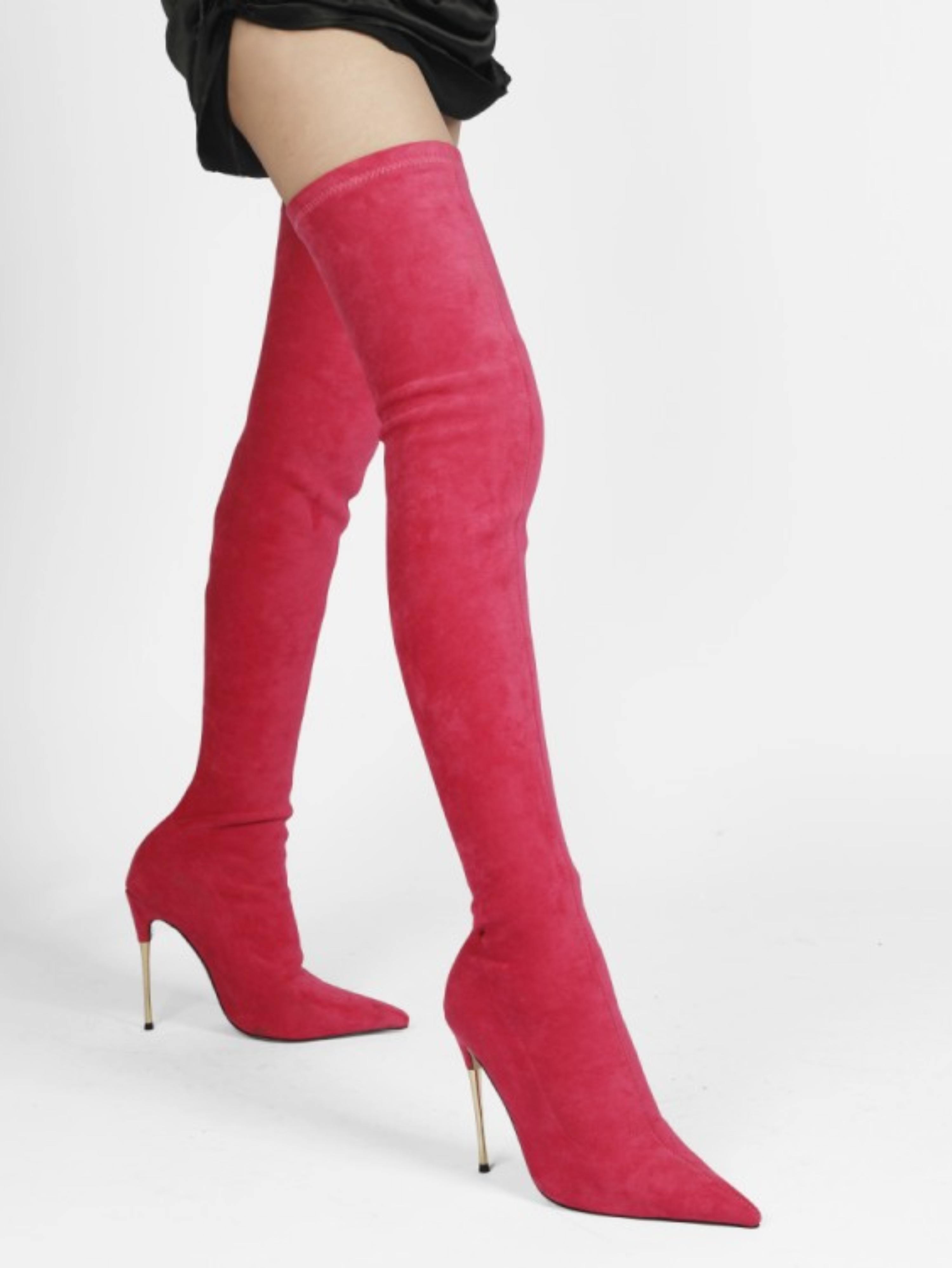 Pink Lycra Thigh-High Heeled Boots for Women
