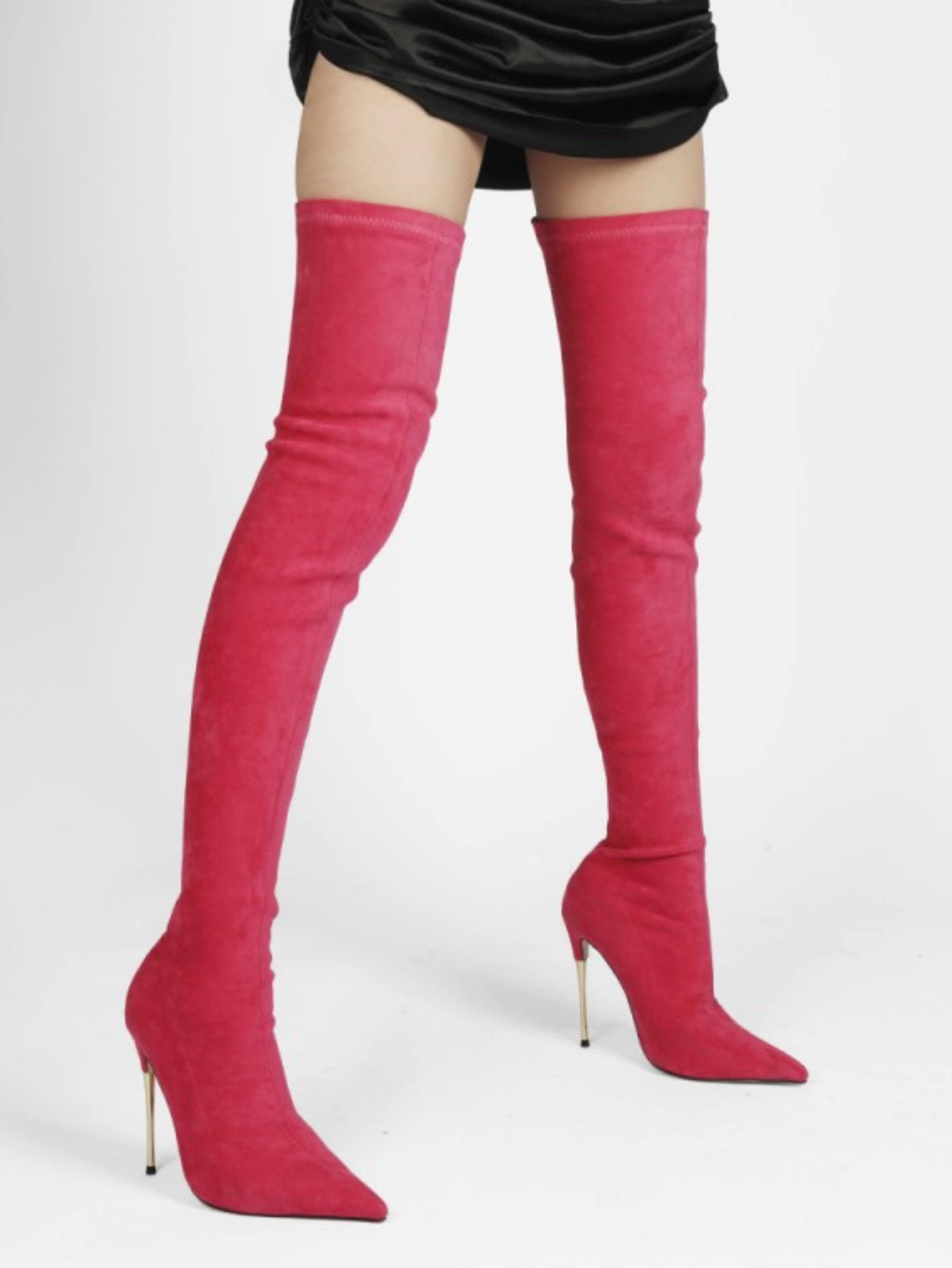 Pink Lycra Thigh-High Heeled Boots for Women