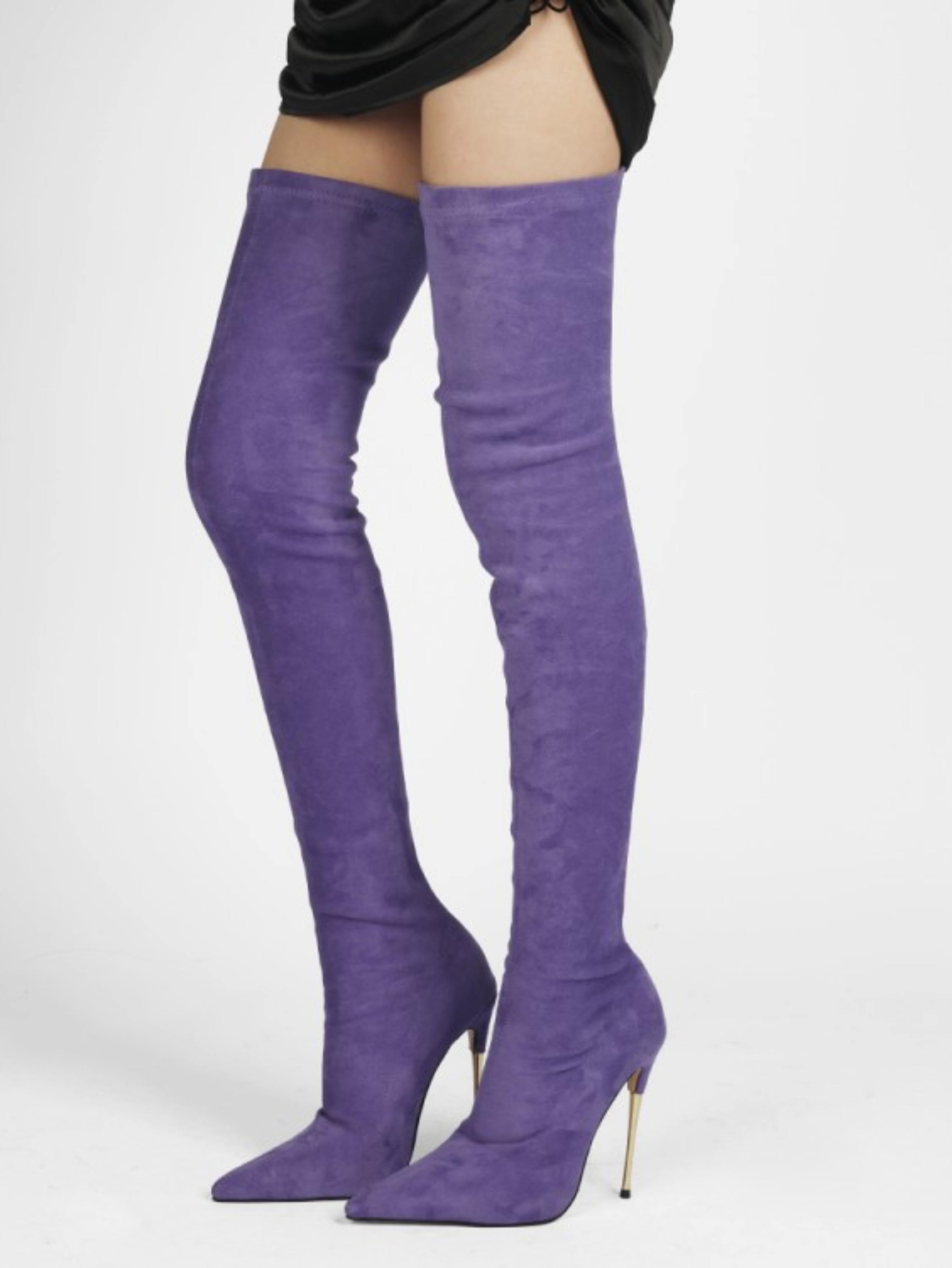 Trendy Amethyst Purple Thigh-High Heeled Boots for Women