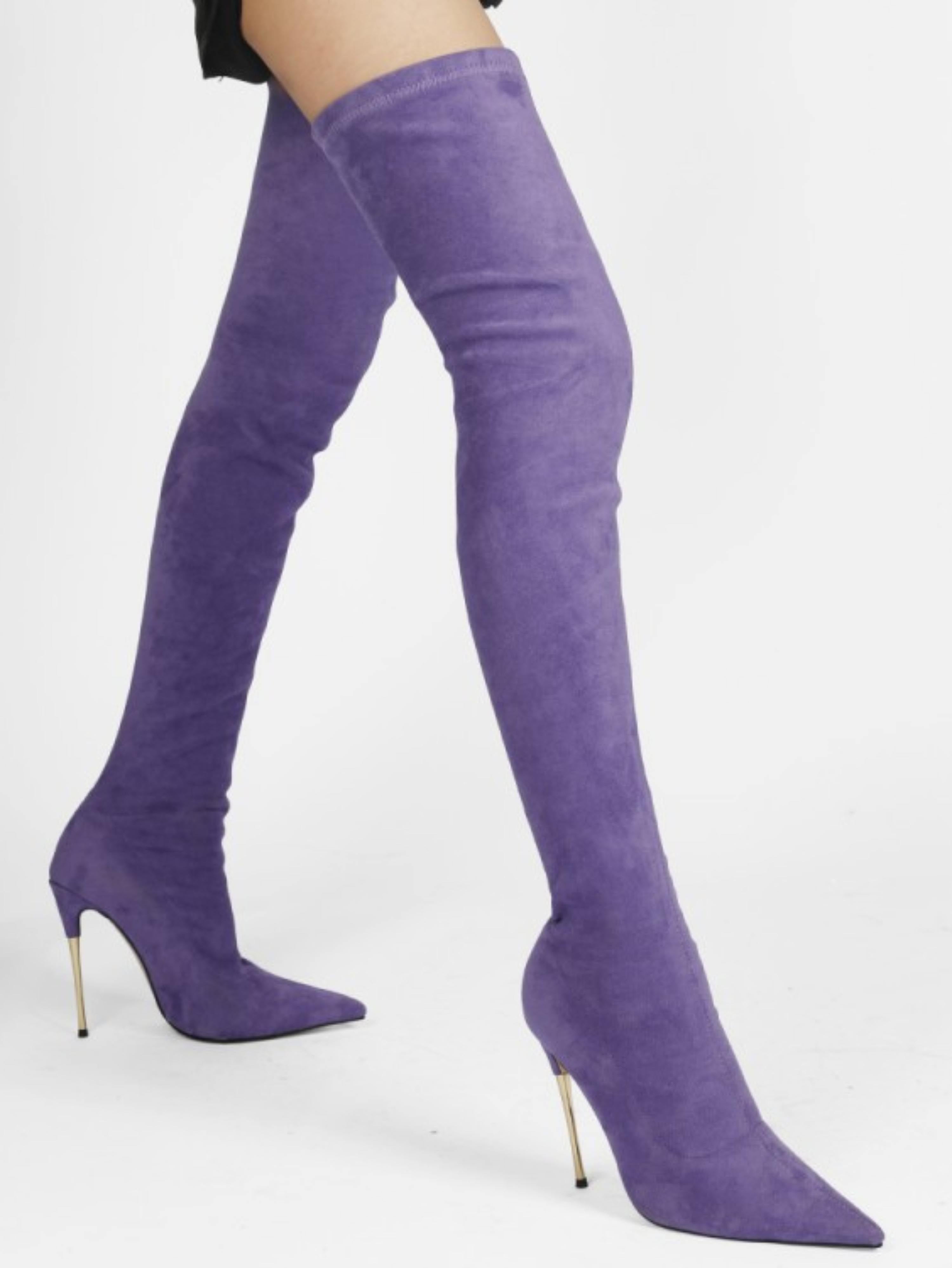 Trendy Amethyst Purple Thigh-High Heeled Boots for Women