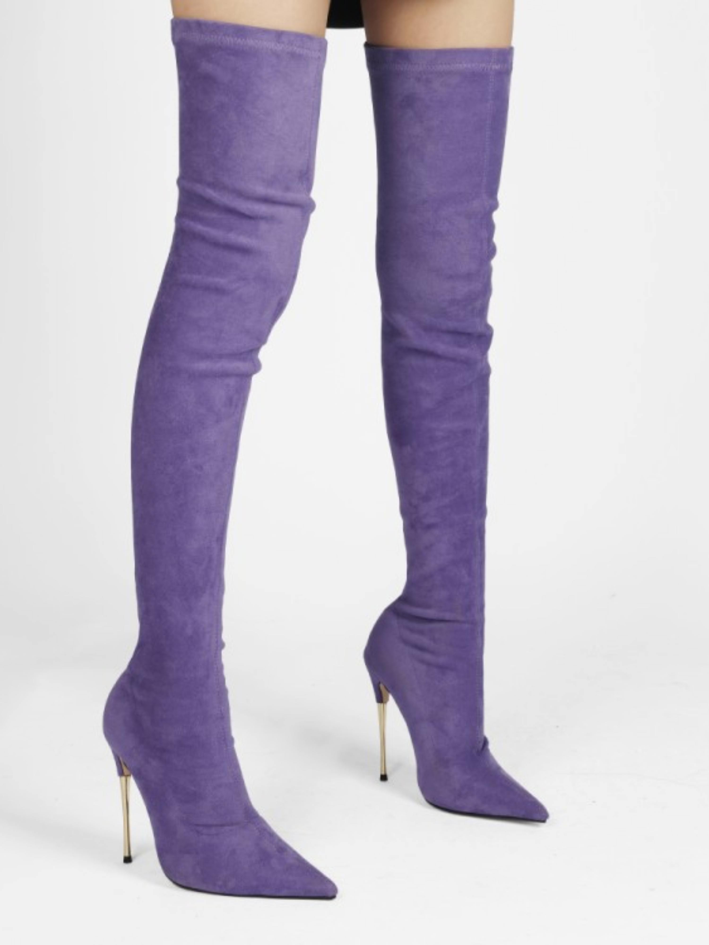 Trendy Amethyst Purple Thigh-High Heeled Boots for Women
