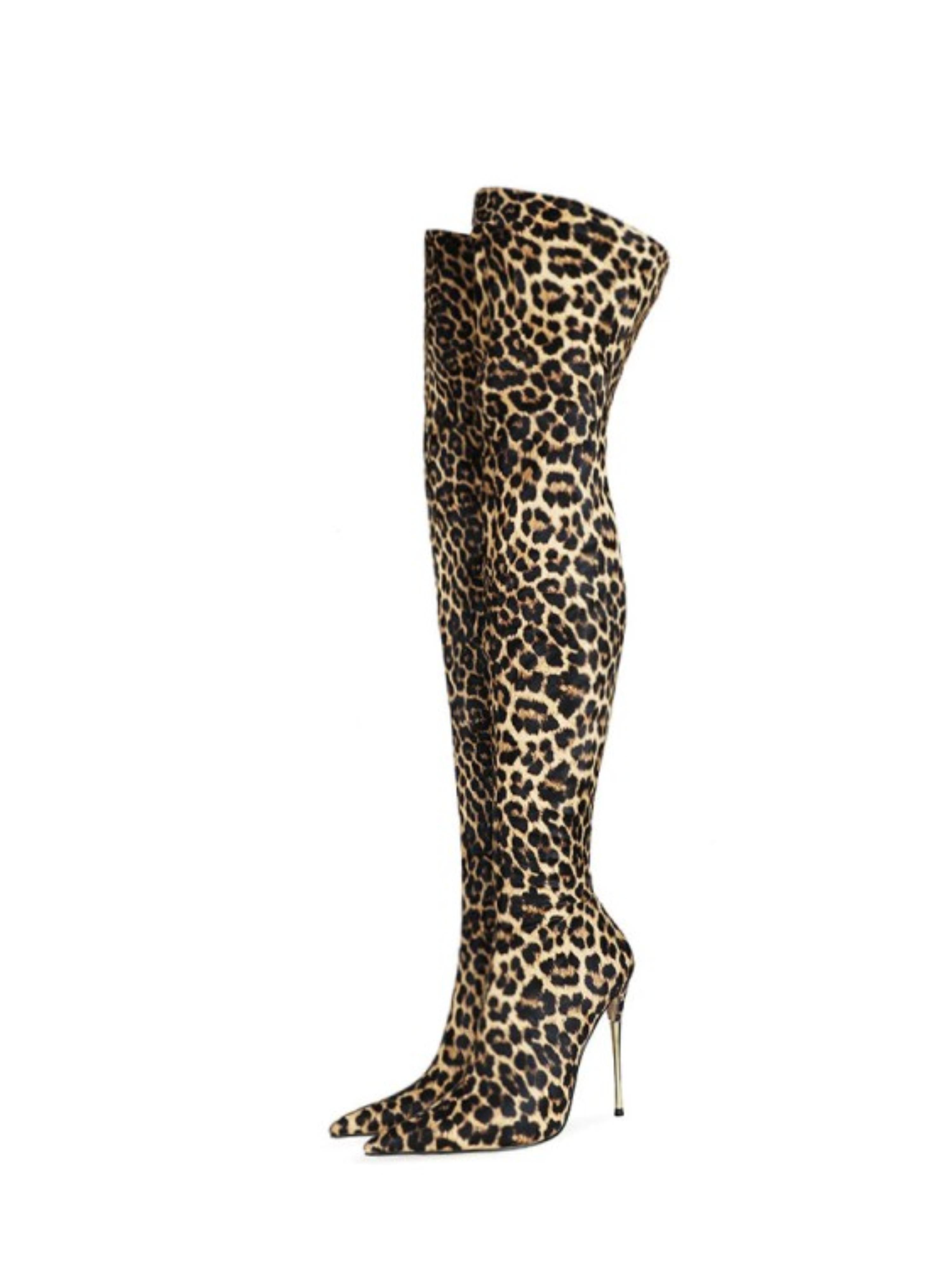 Stiletto High Heels Thigh-High Leopard Boots for Women