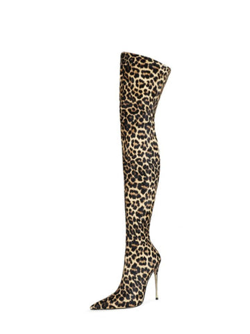 Stiletto High Heels Thigh-High Leopard Boots for Women