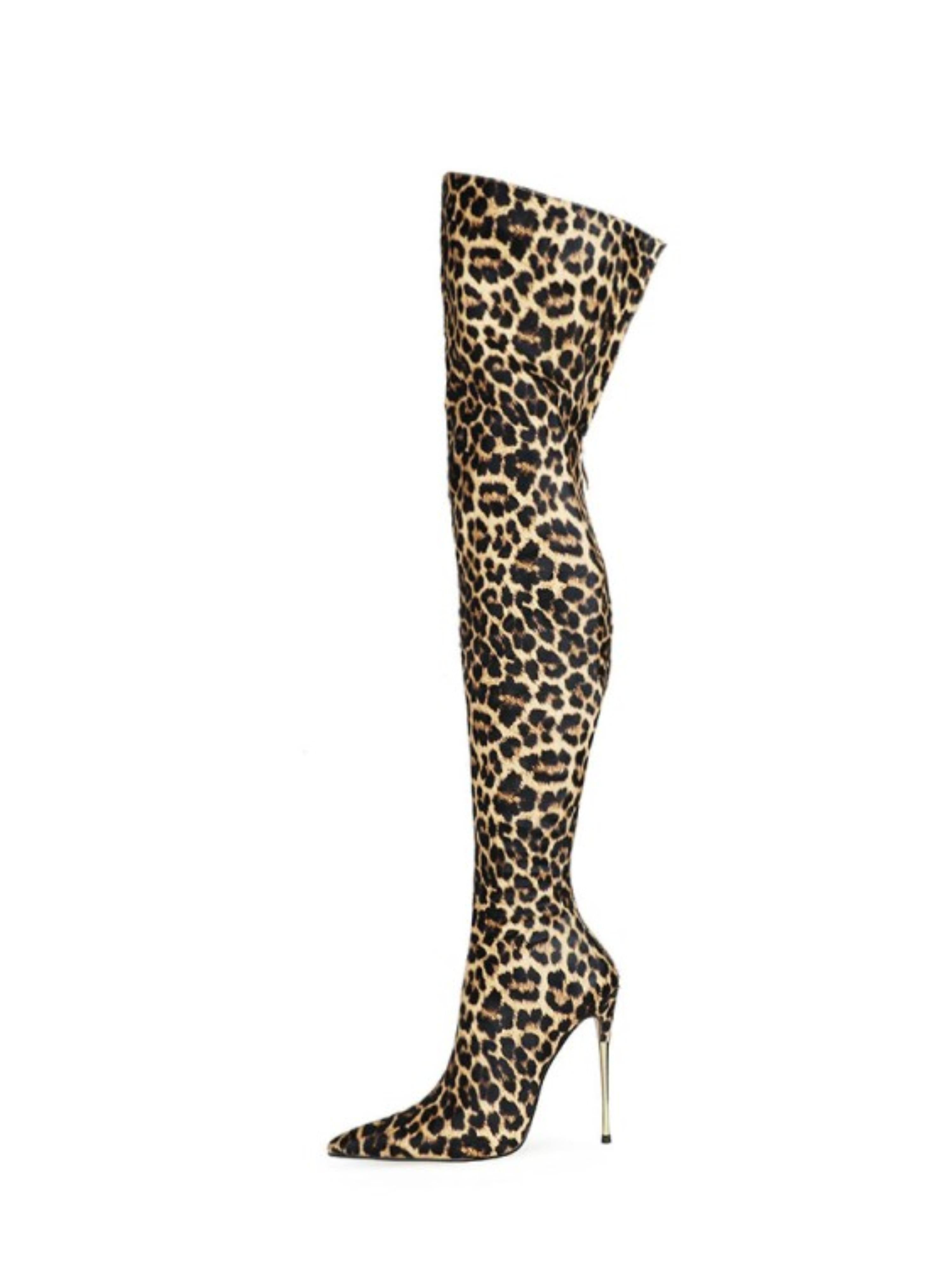 Stiletto High Heels Thigh-High Leopard Boots for Women