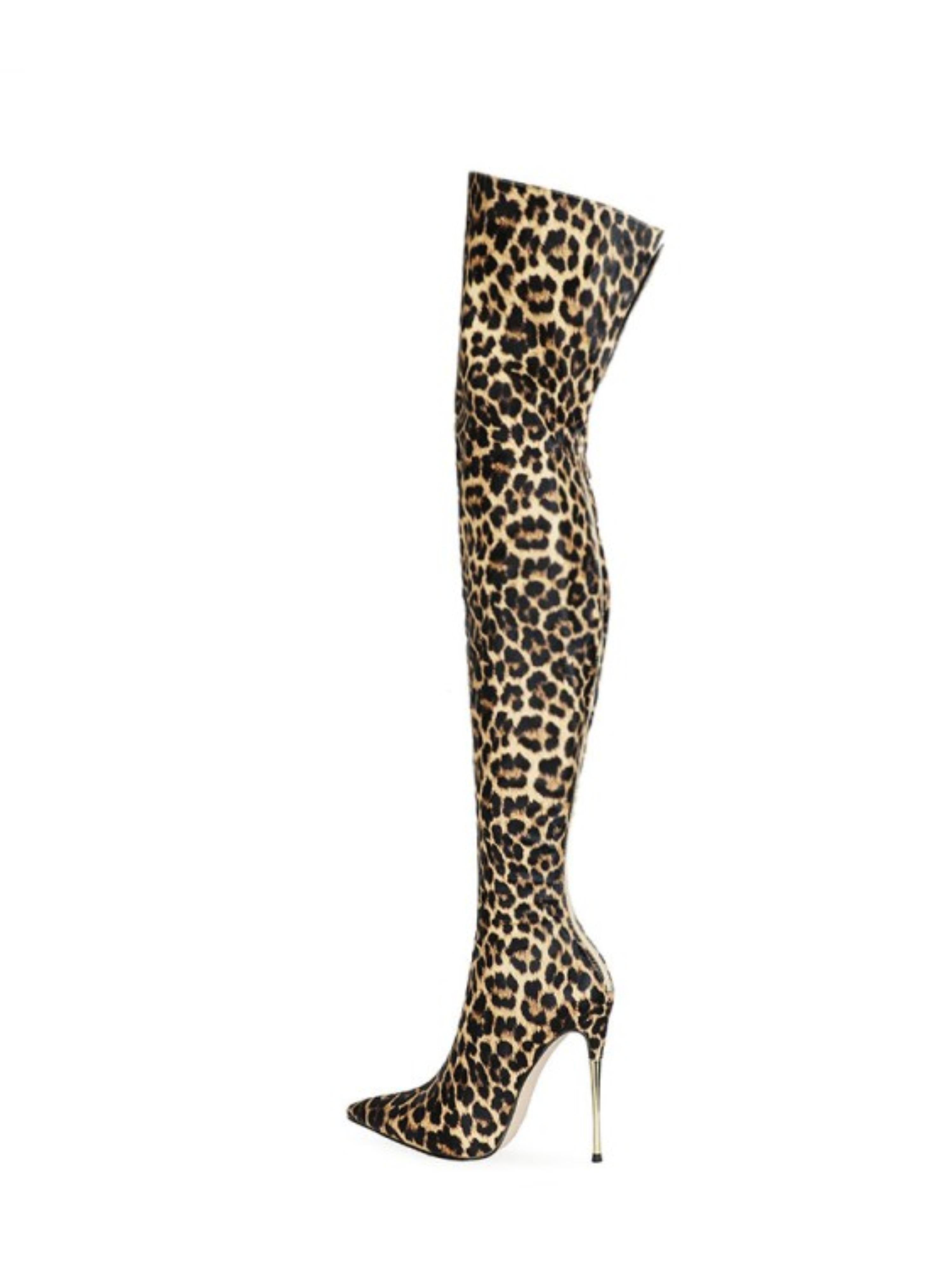 Stiletto High Heels Thigh-High Leopard Boots for Women
