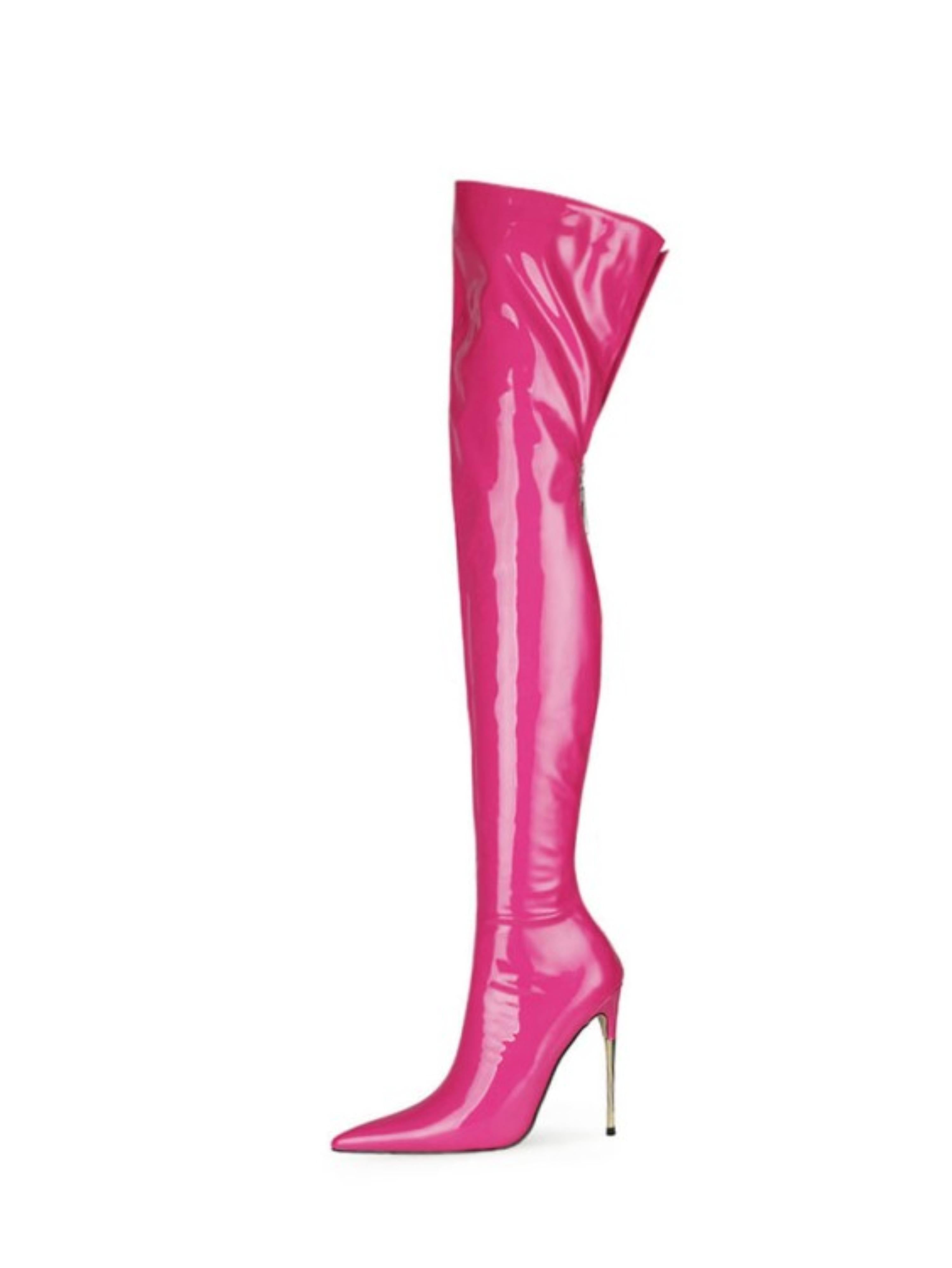 Pink Patent Leather Knee-High Heeled Boots