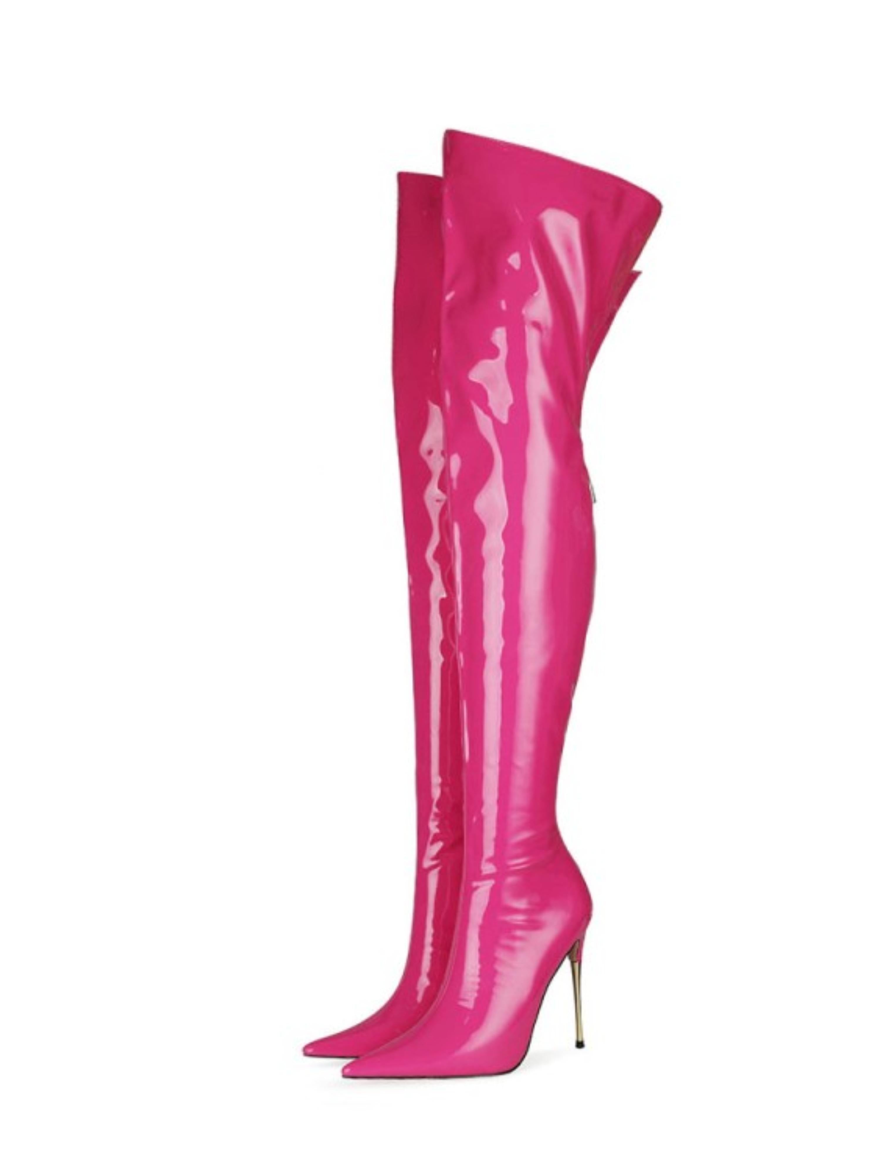 Pink Patent Leather Knee-High Heeled Boots