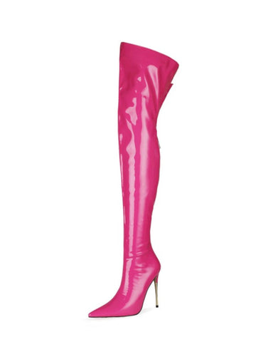 Pink Patent Leather Knee-High Heeled Boots