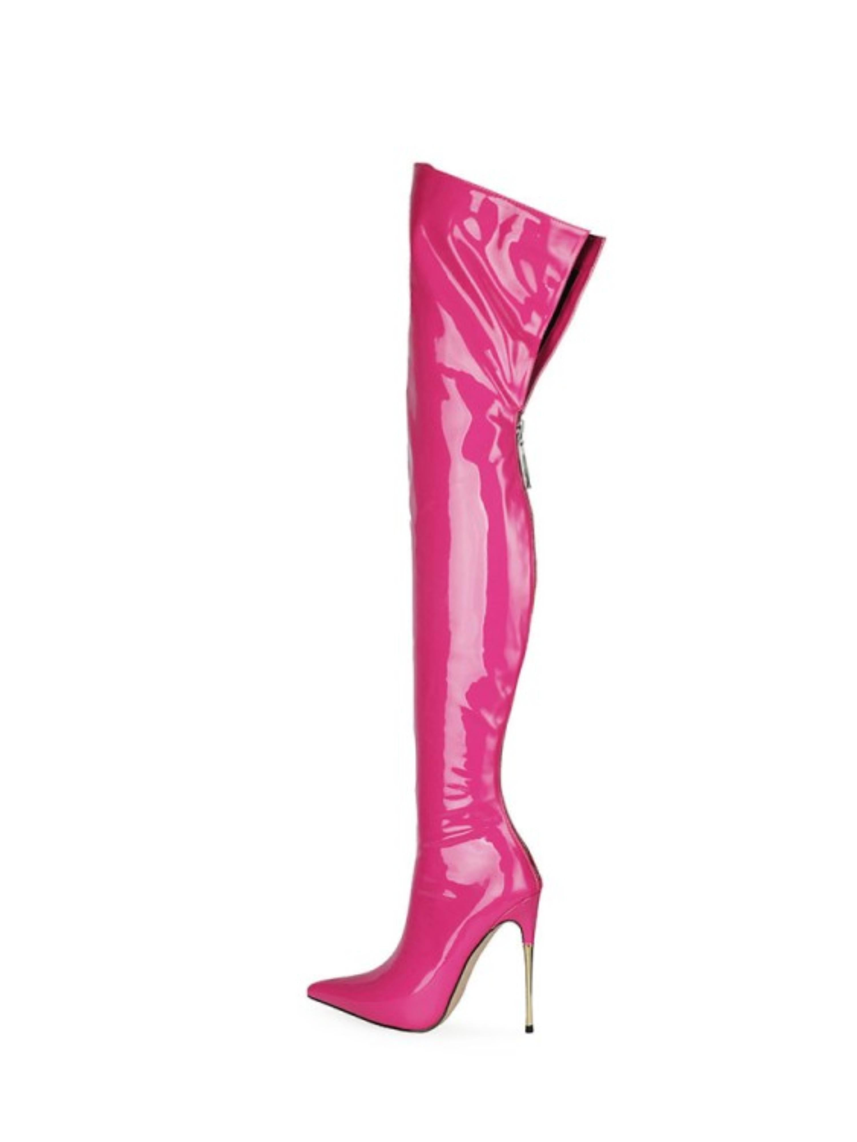 Pink Patent Leather Knee-High Heeled Boots