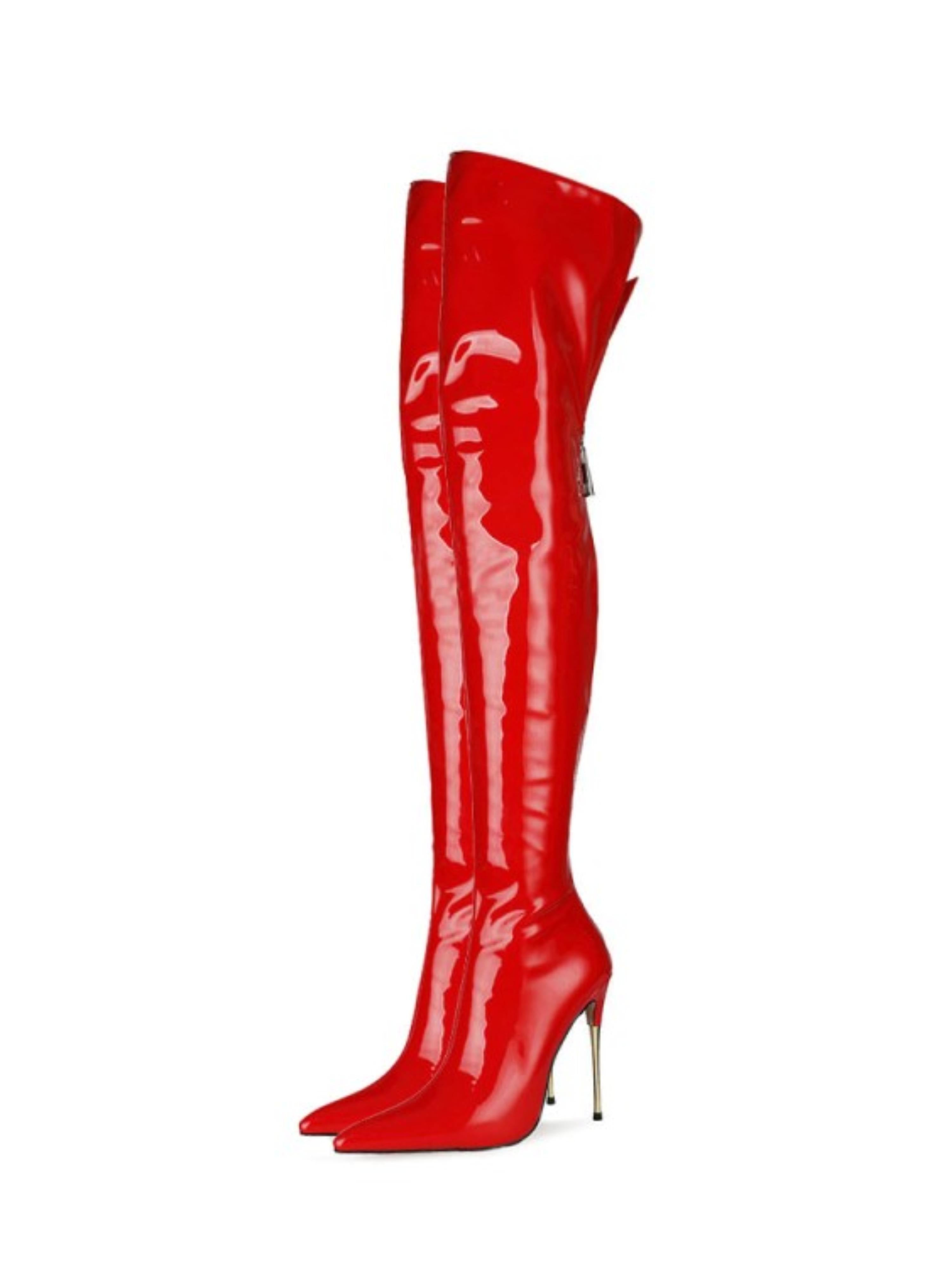 Scarlet Red Patent Leather Over-The-Knee Boots for Women