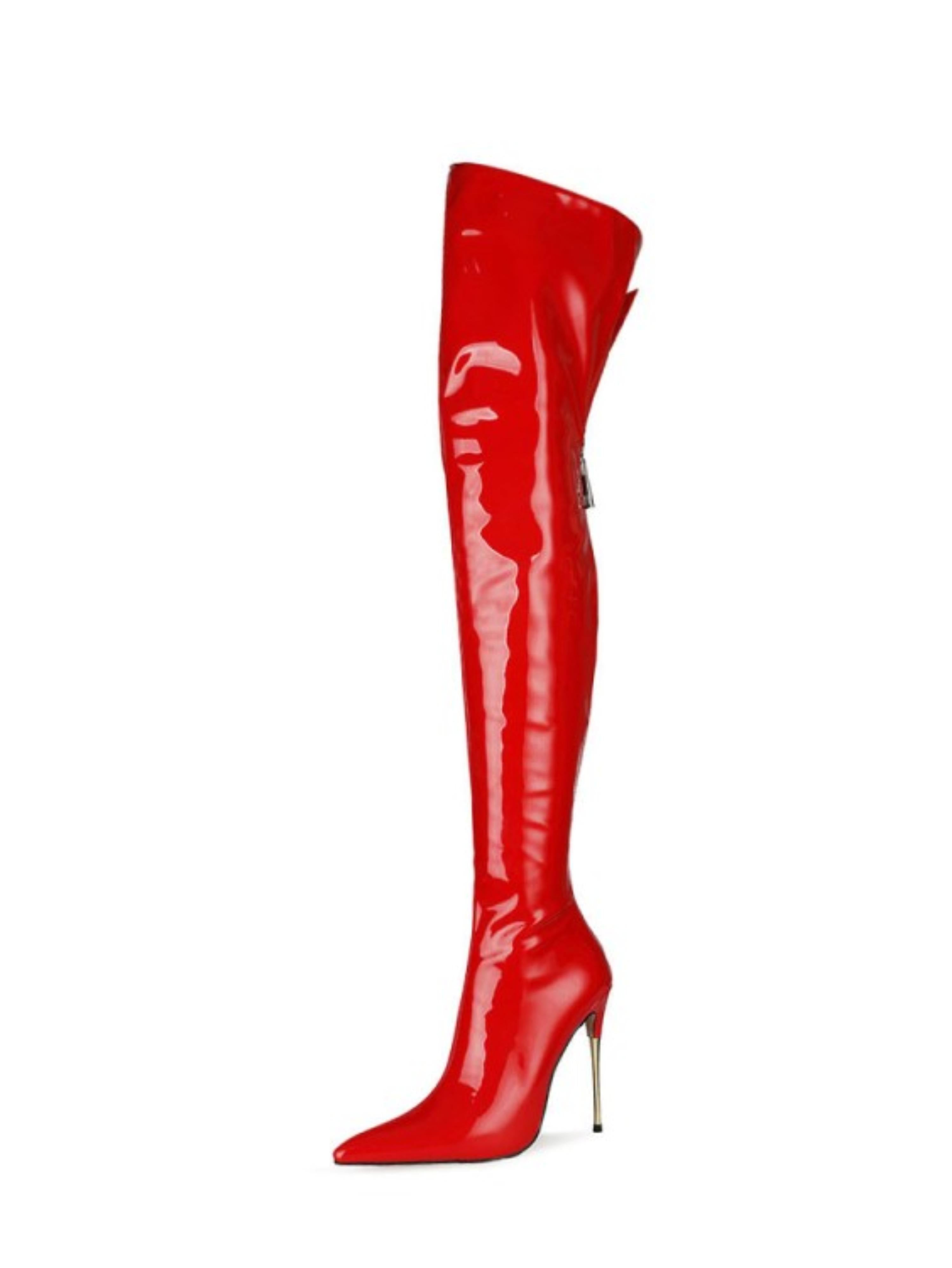 Scarlet Red Patent Leather Over-The-Knee Boots for Women