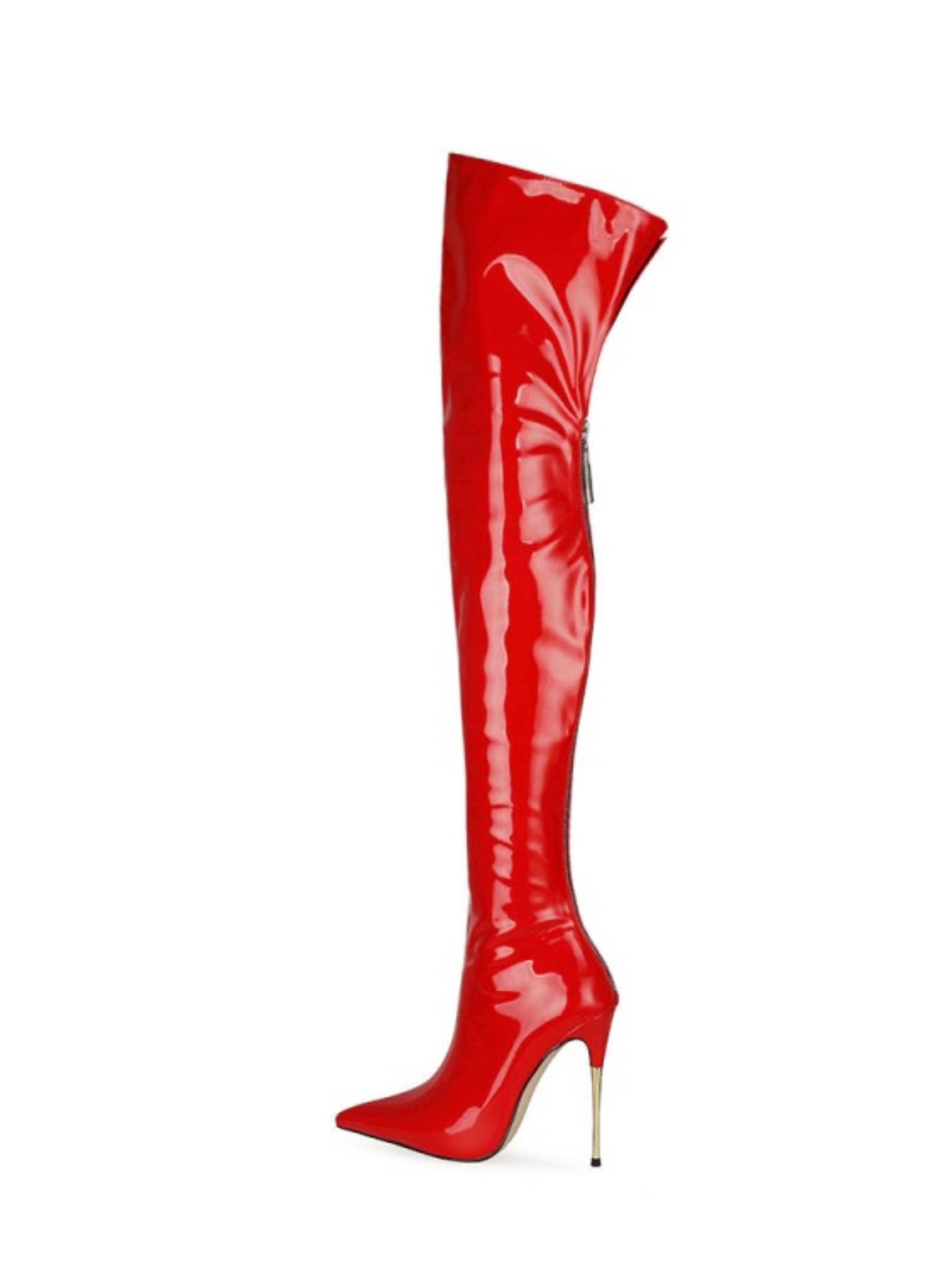 Scarlet Red Patent Leather Over-The-Knee Boots for Women
