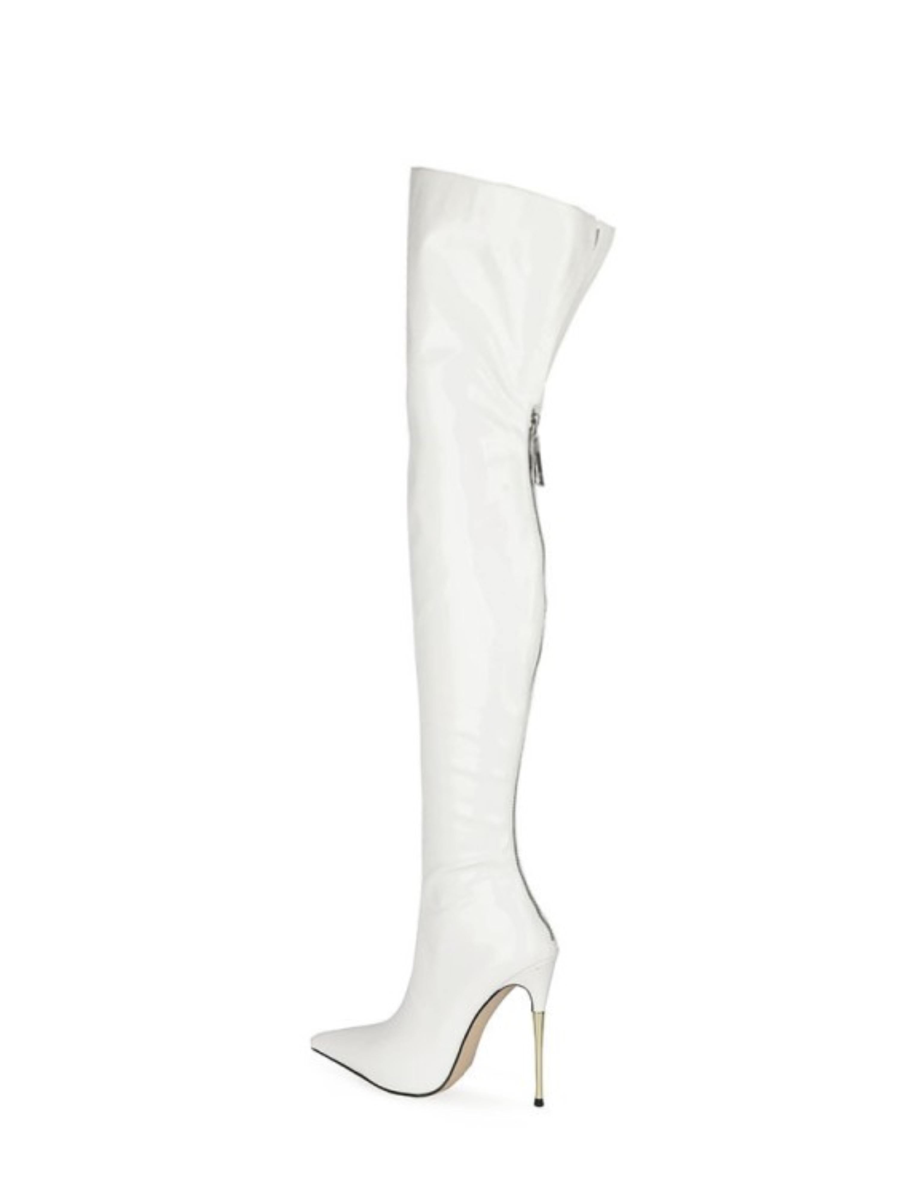 White Patent Leather Thigh-High Heeled Boots