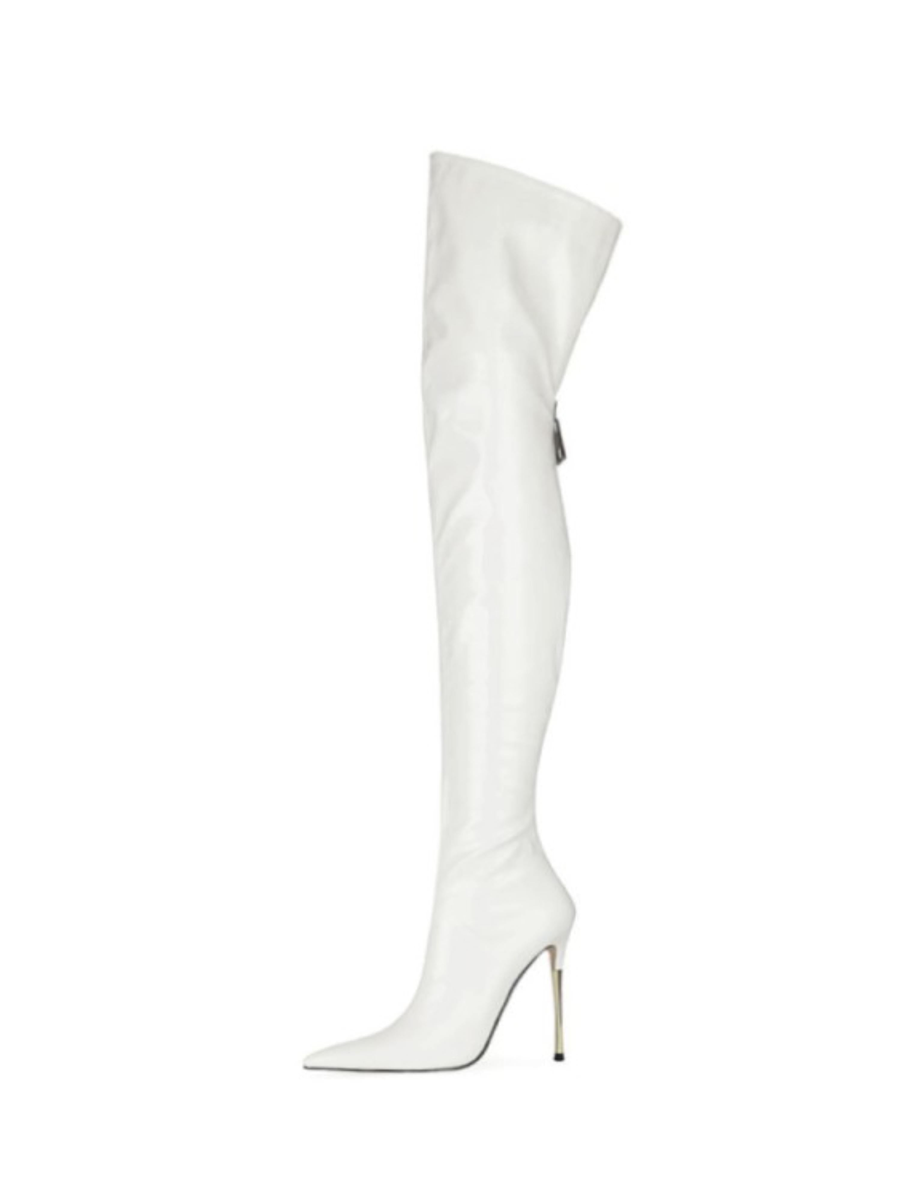 White Patent Leather Thigh-High Heeled Boots