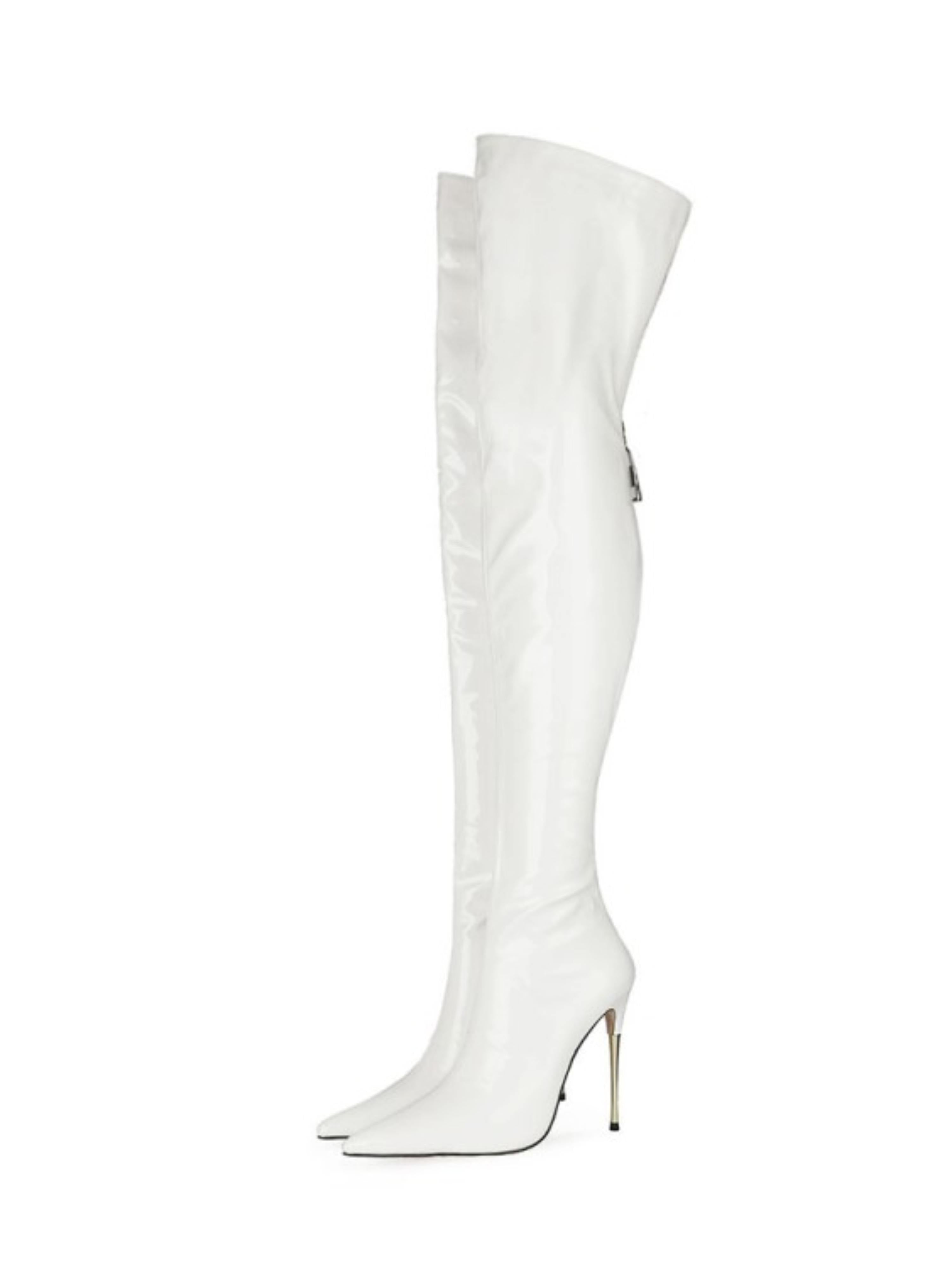 White Patent Leather Thigh-High Heeled Boots