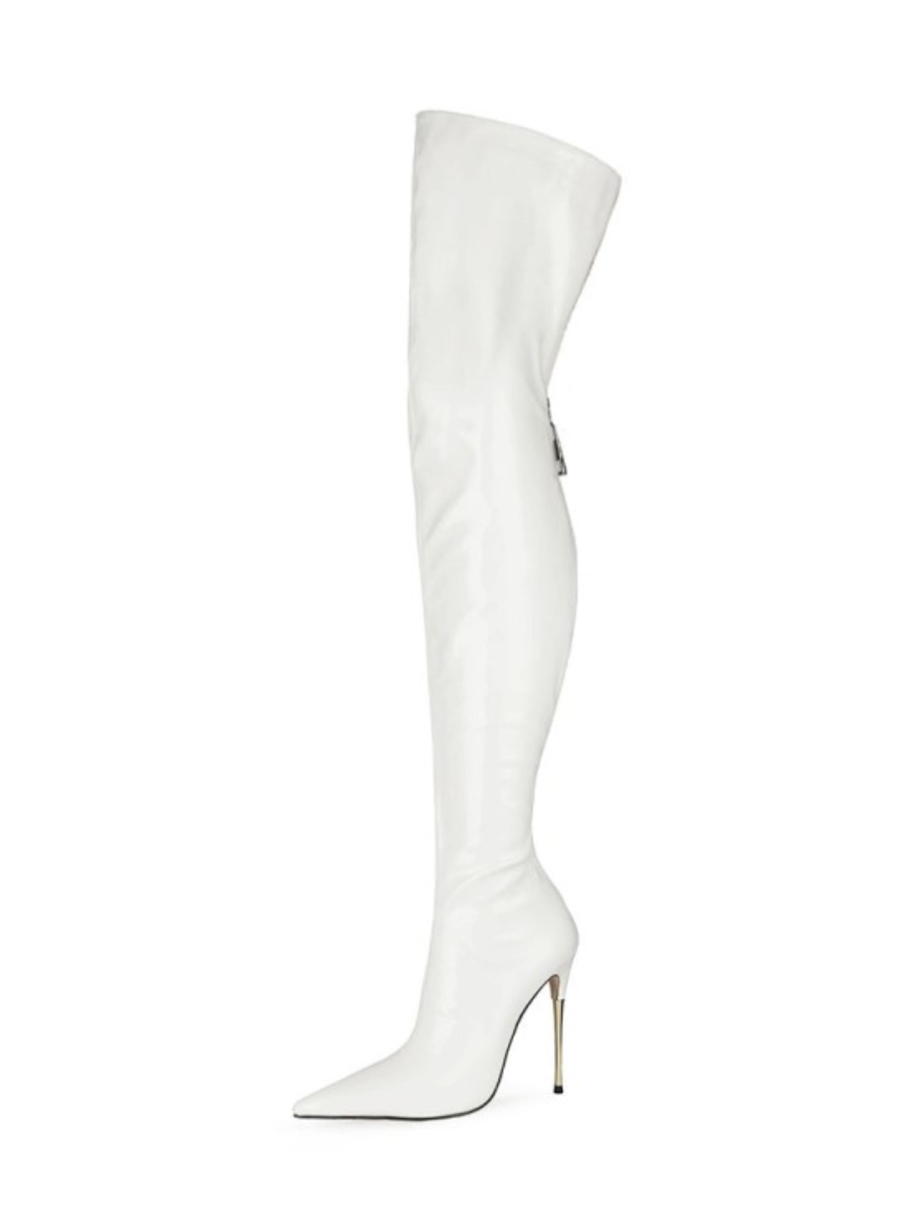 White Patent Leather Thigh-High Heeled Boots