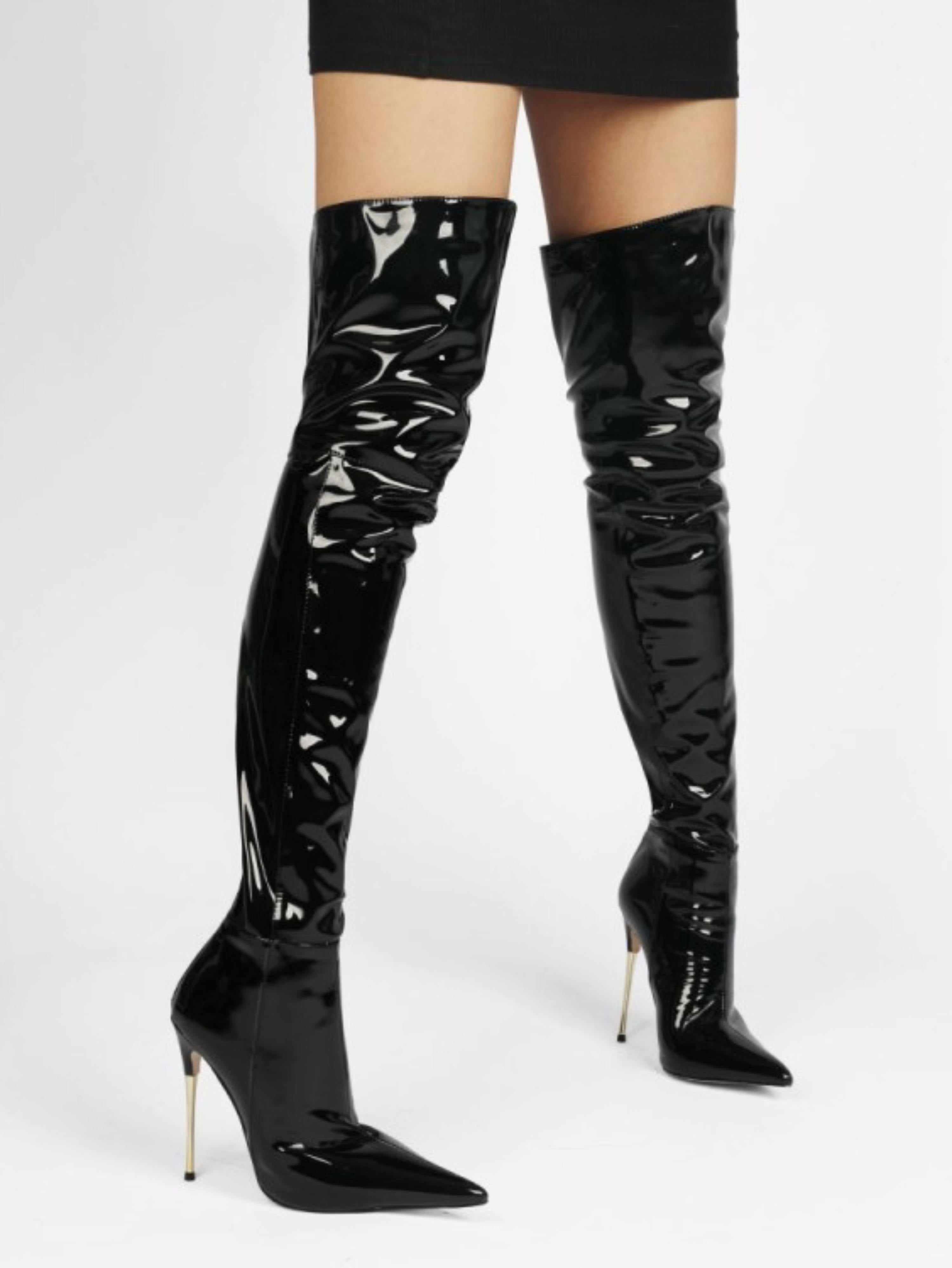 Bright Black Pointed Toe High Heel Over-The-Knee Boots