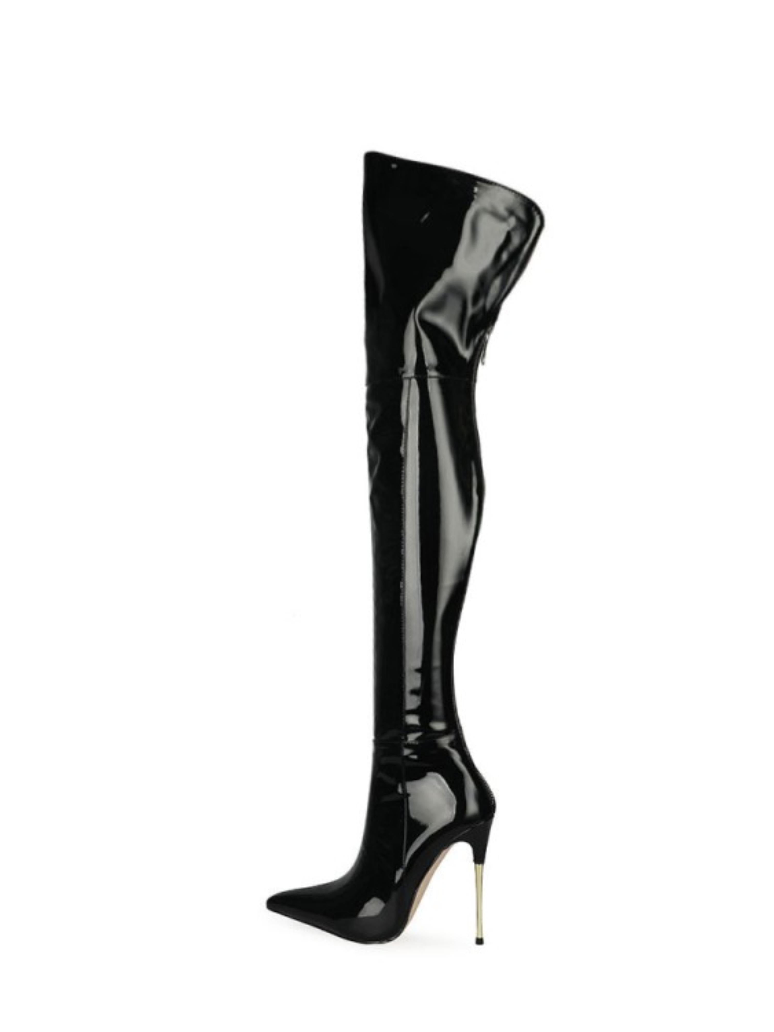 Bright Black Pointed Toe High Heel Over-The-Knee Boots
