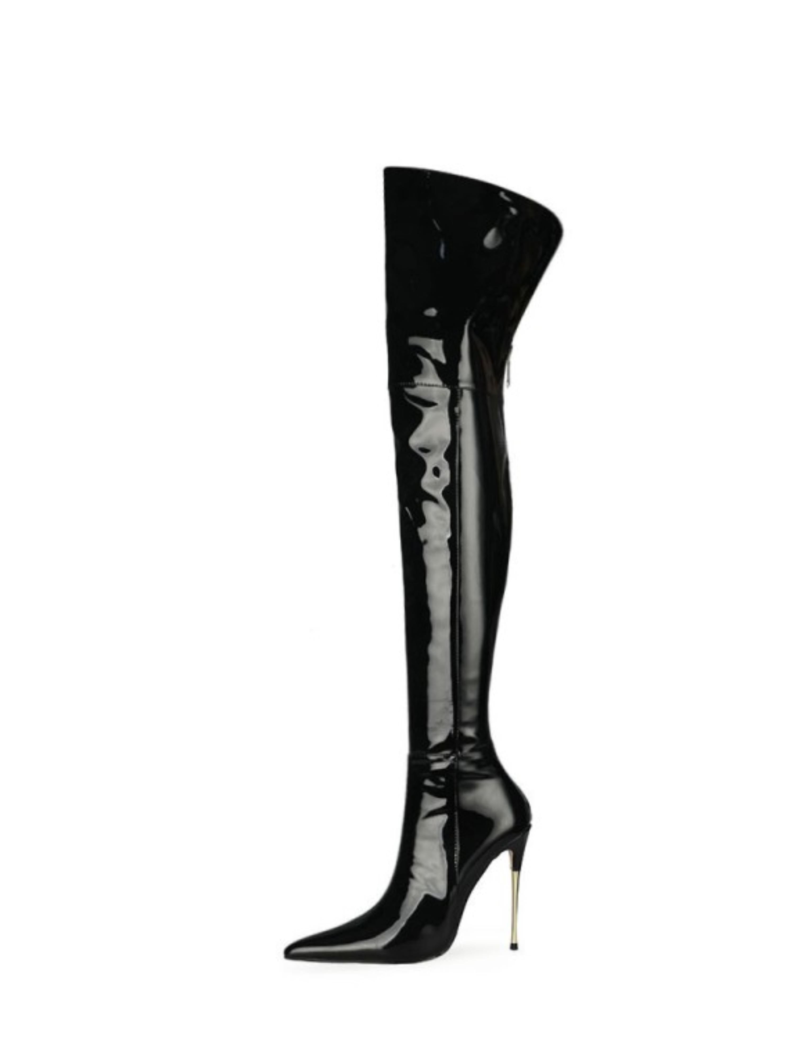 Bright Black Pointed Toe High Heel Over-The-Knee Boots