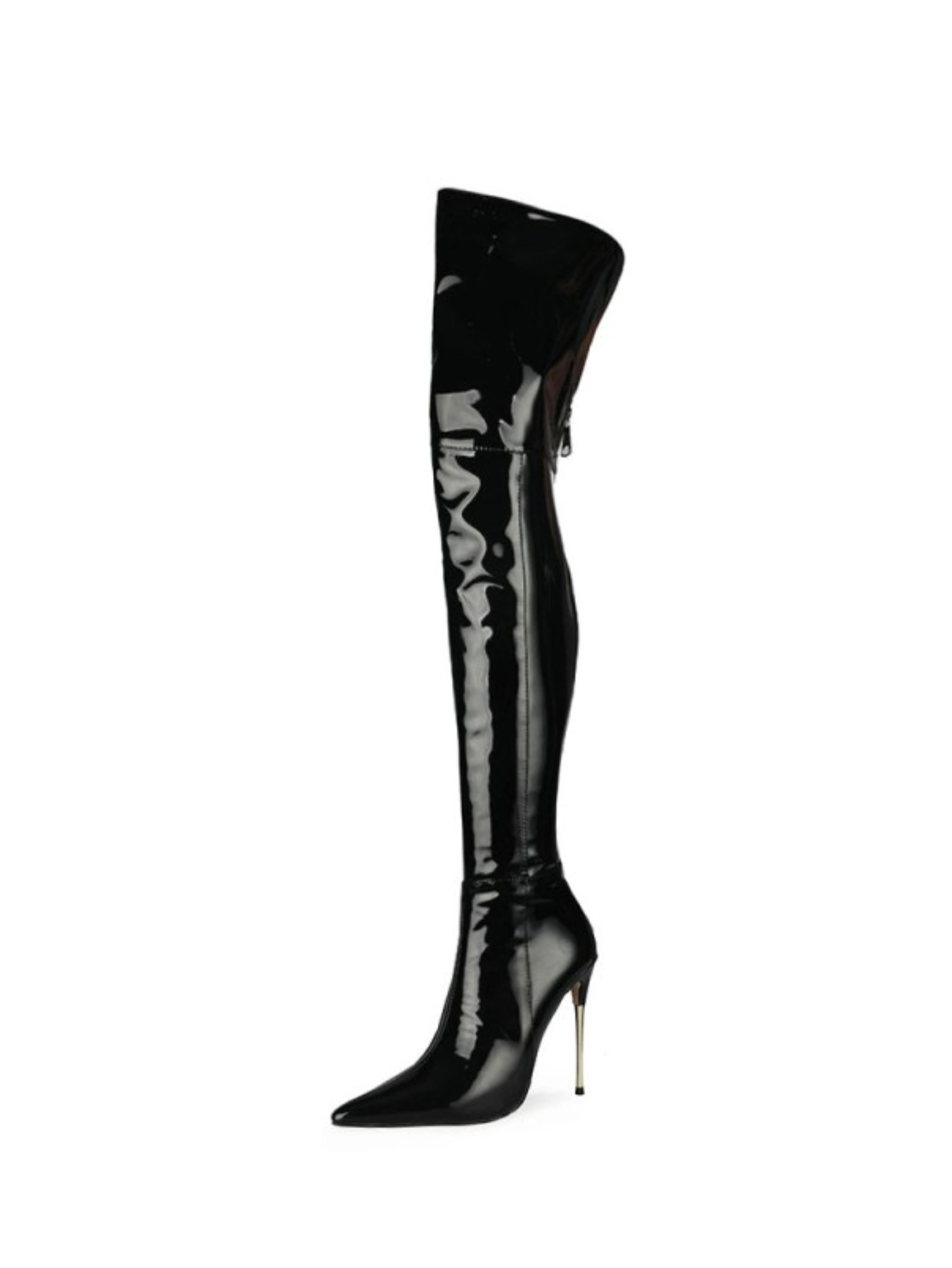Bright Black Pointed Toe High Heel Over-The-Knee Boots