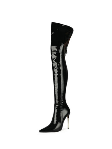 Bright Black Pointed Toe High Heel Over-The-Knee Boots