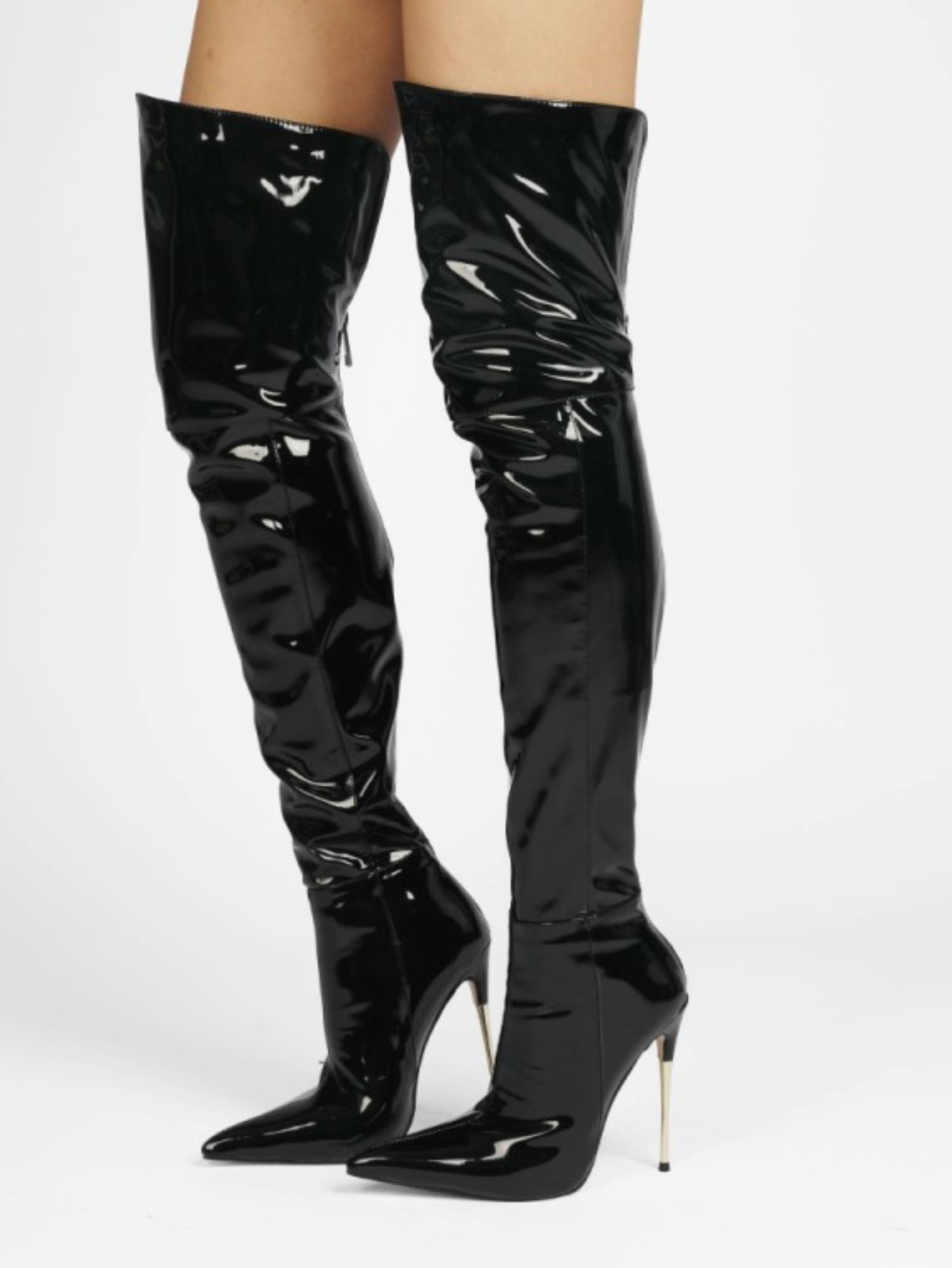 Bright Black Pointed Toe High Heel Over-The-Knee Boots