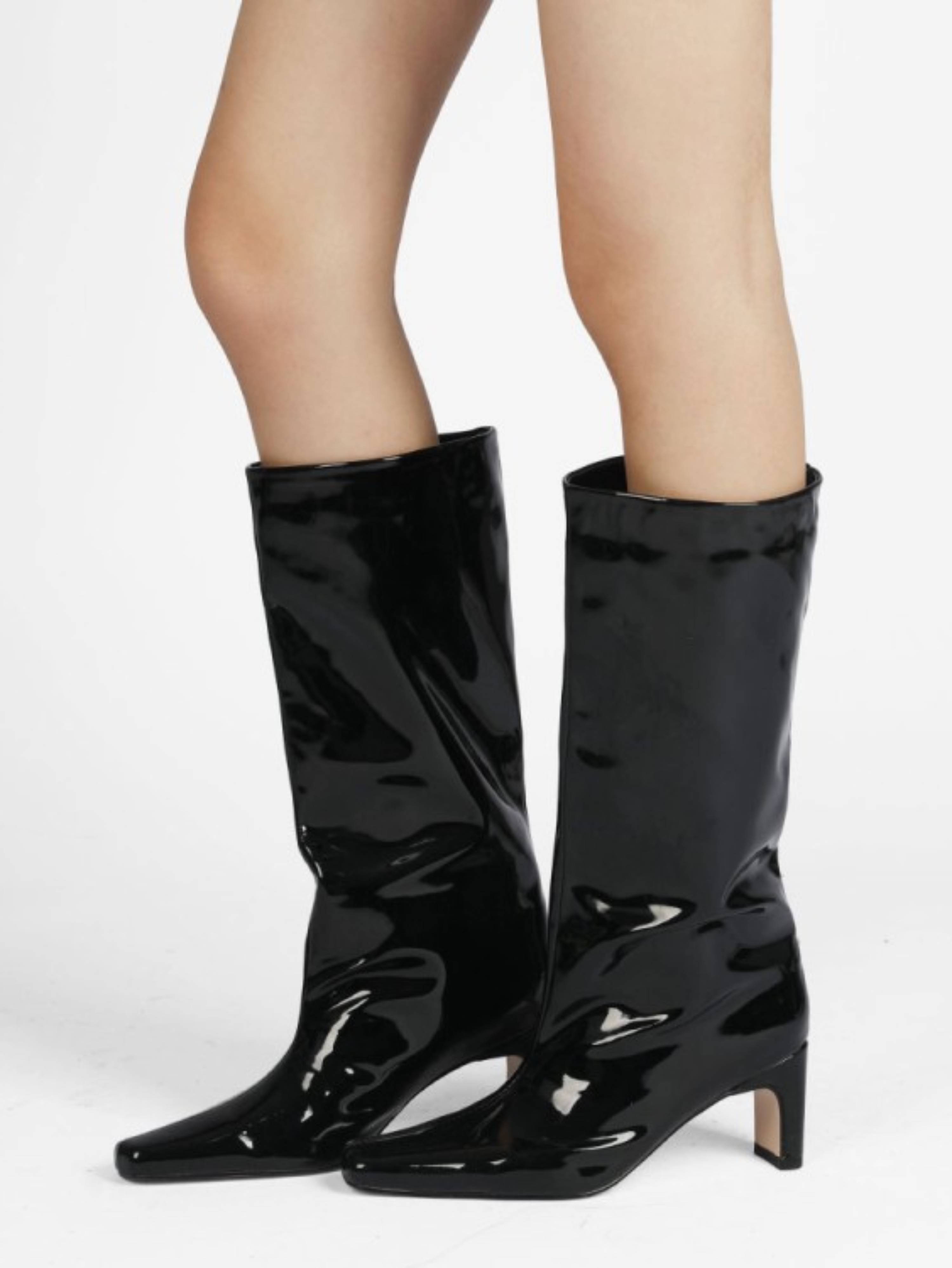 Black Chunky Heel Tall Boots for Women