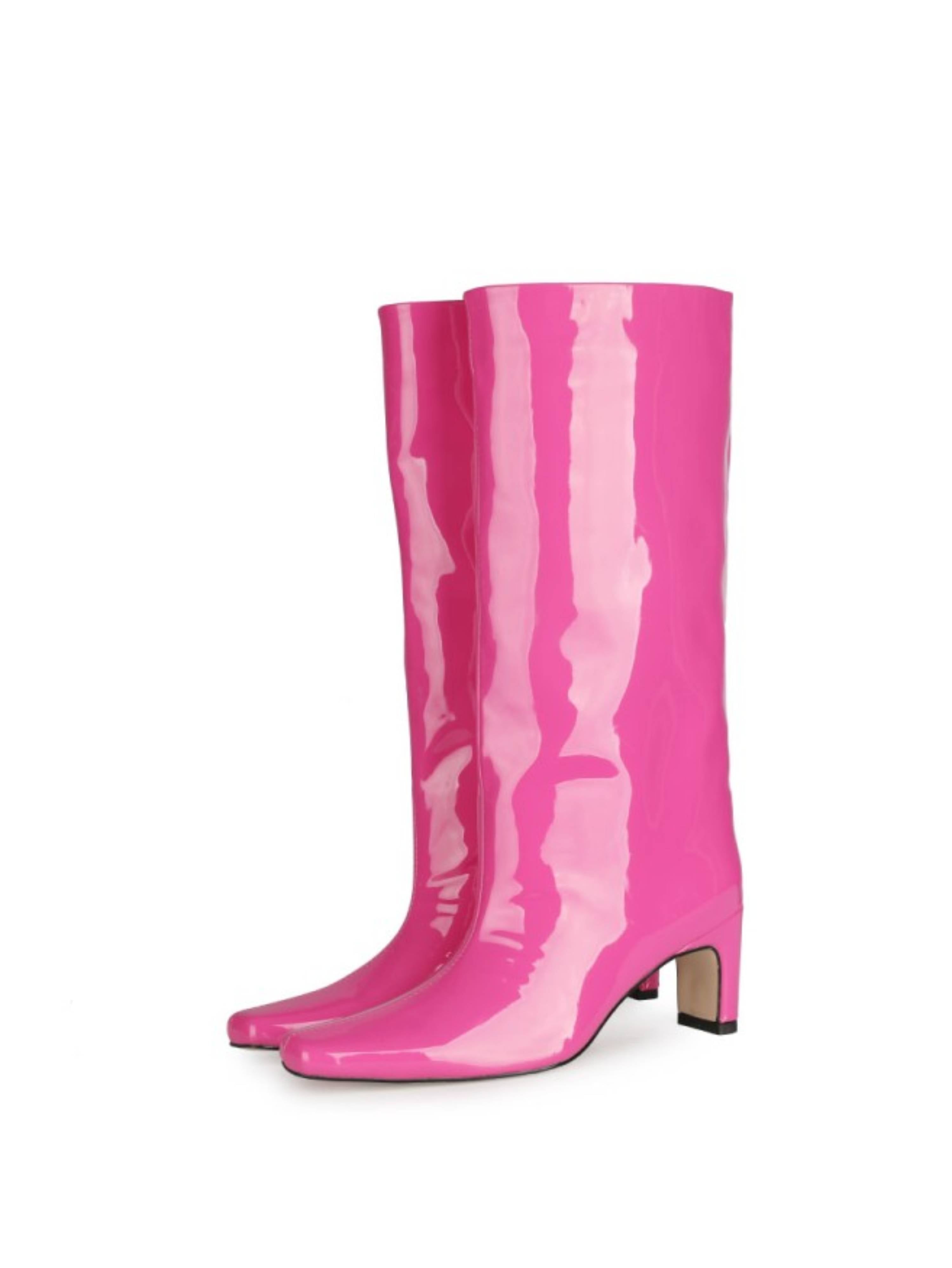 Pink Patent Block Heel Long Boots for Women