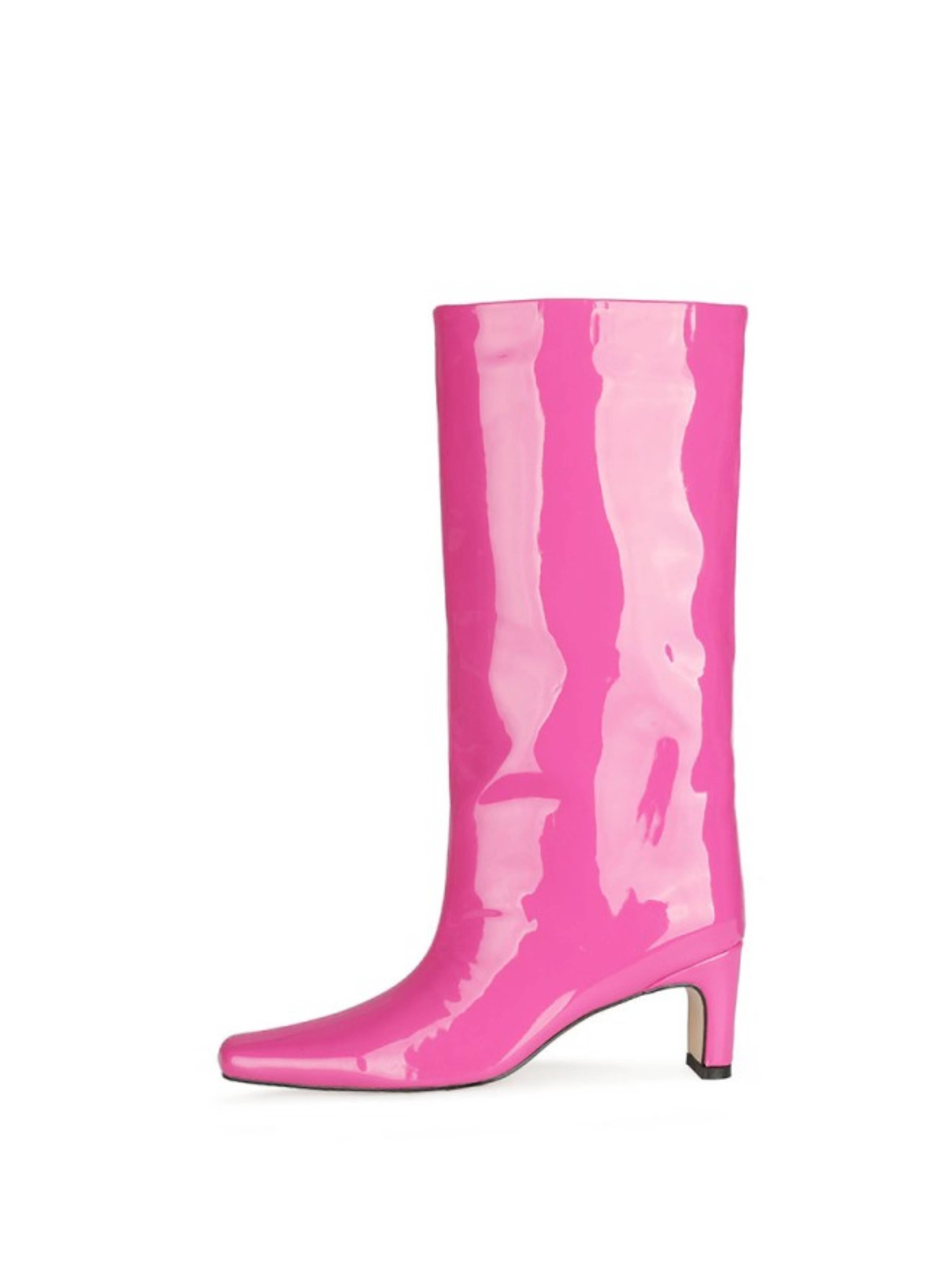 Pink Patent Block Heel Long Boots for Women