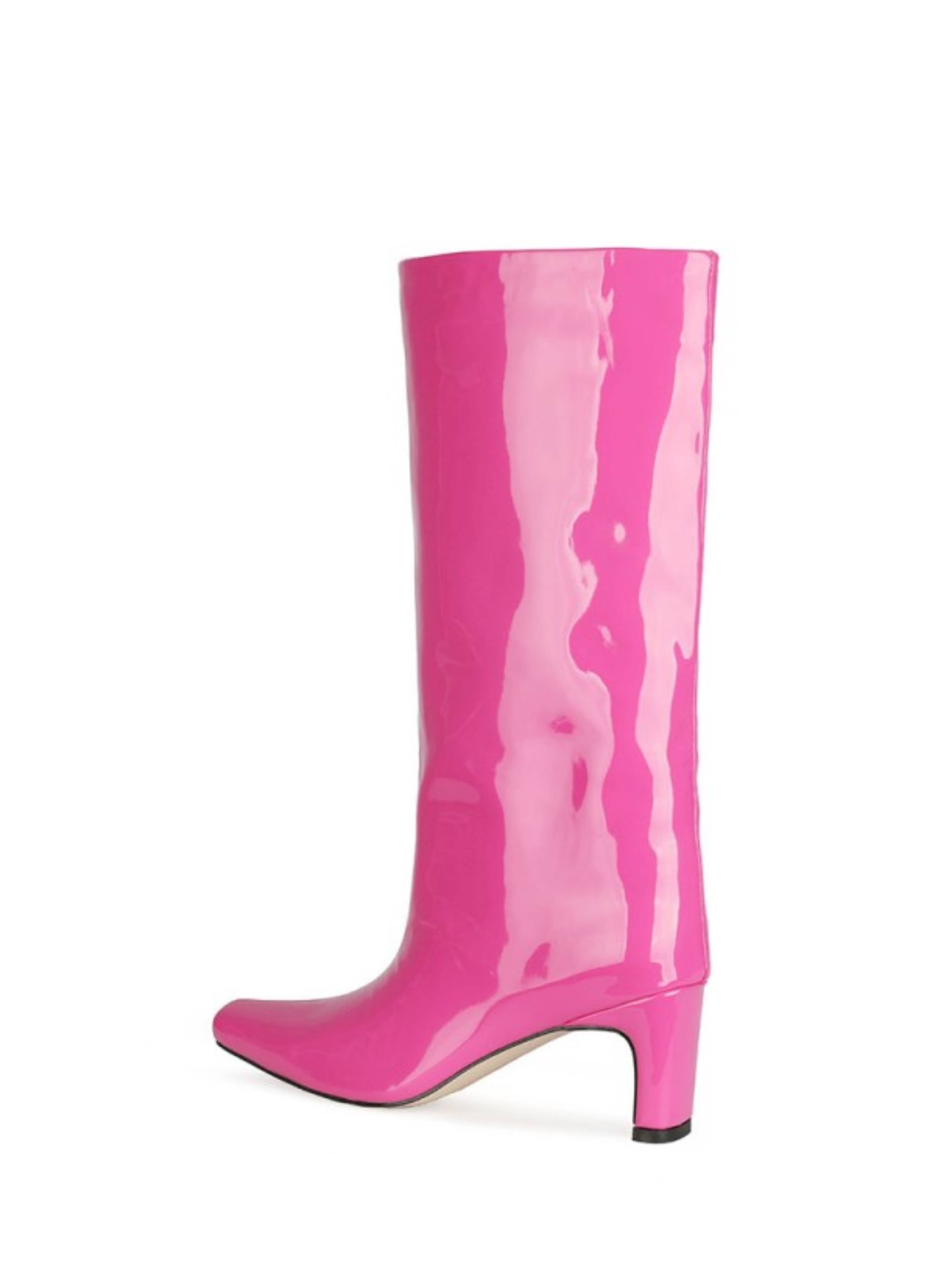 Pink Patent Block Heel Long Boots for Women