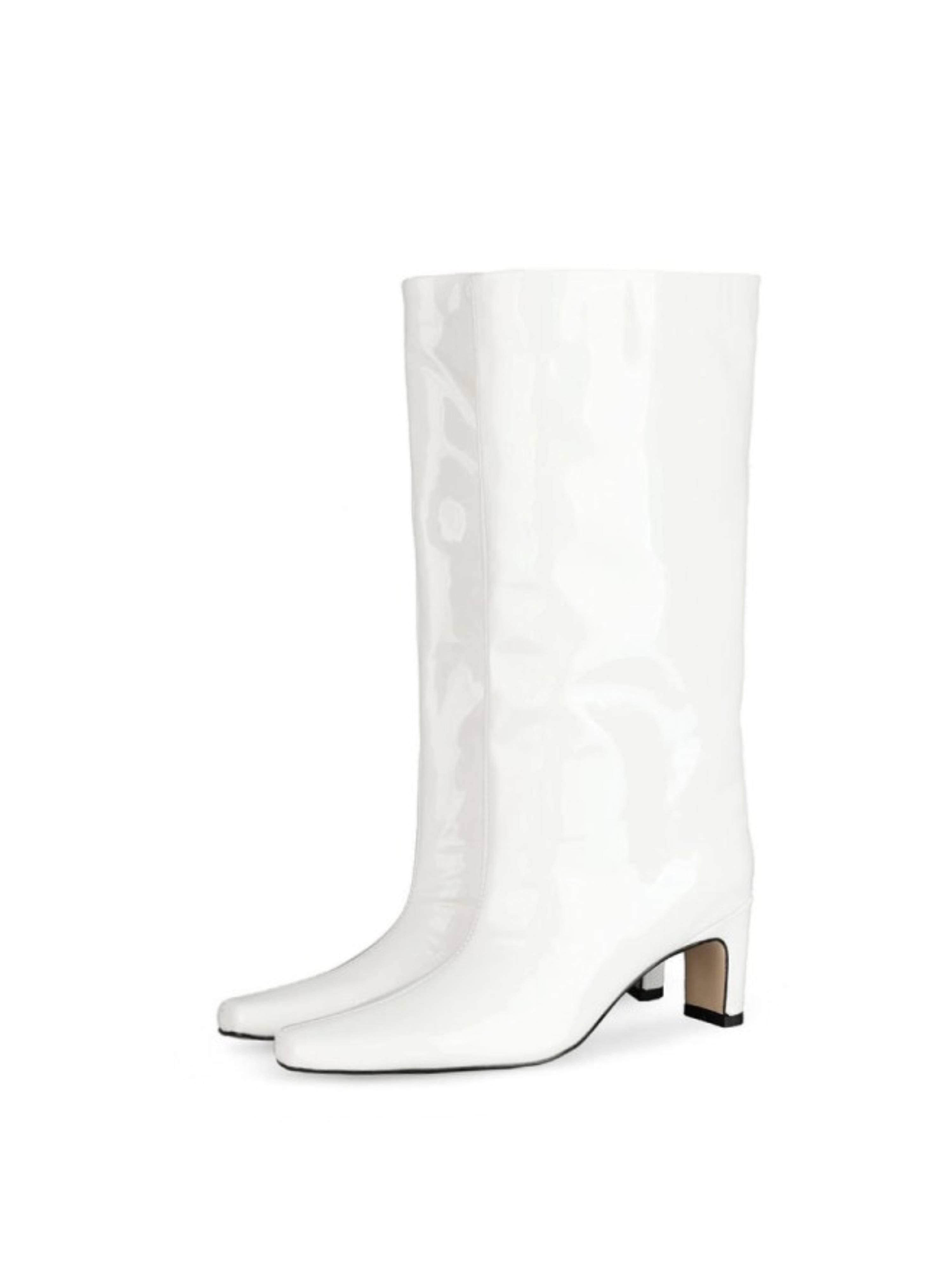 White Patent Leather Block Heel Knee-High Boots