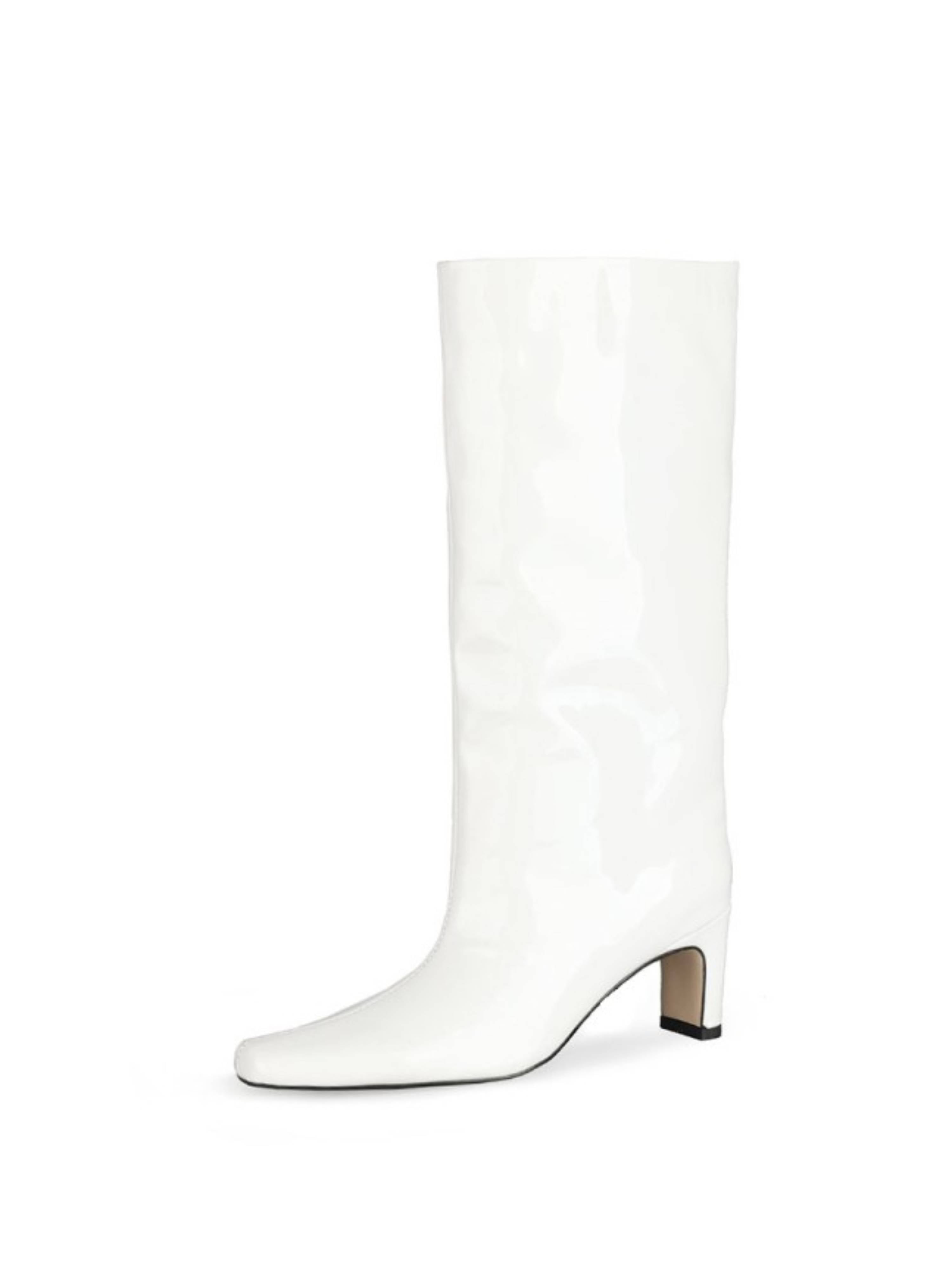 White Patent Leather Block Heel Knee-High Boots