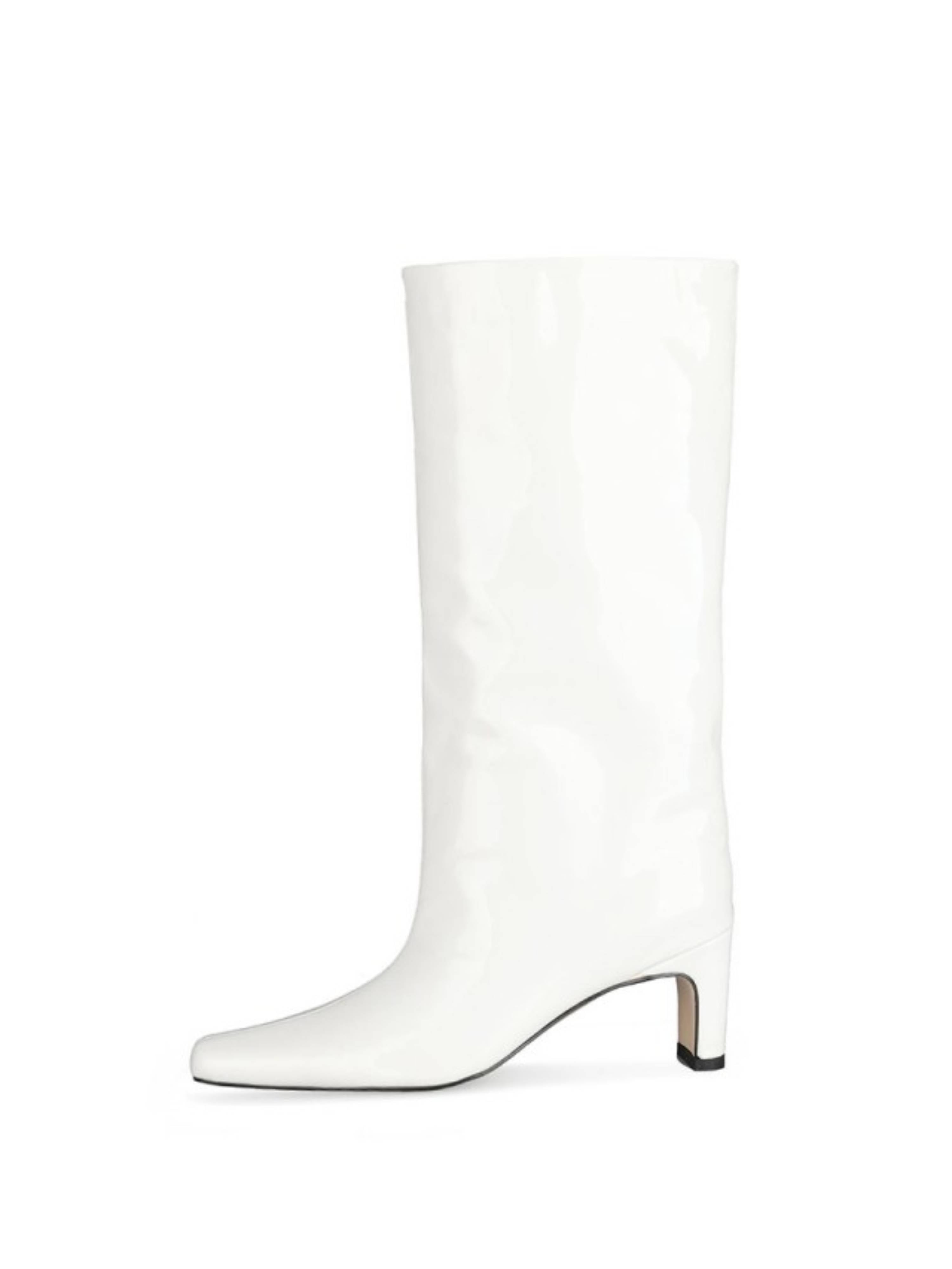 White Patent Leather Block Heel Knee-High Boots