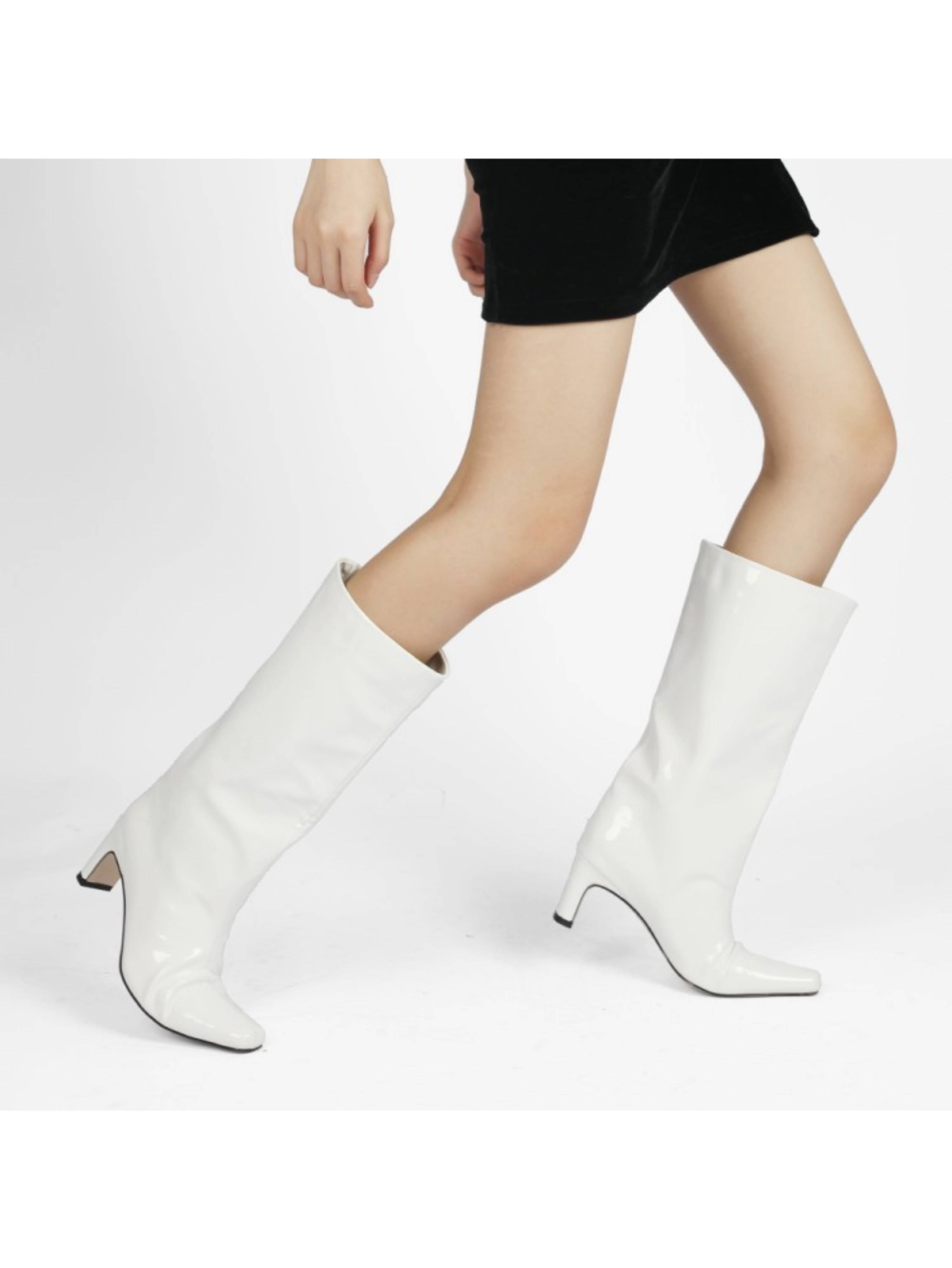 White Patent Leather Block Heel Knee-High Boots