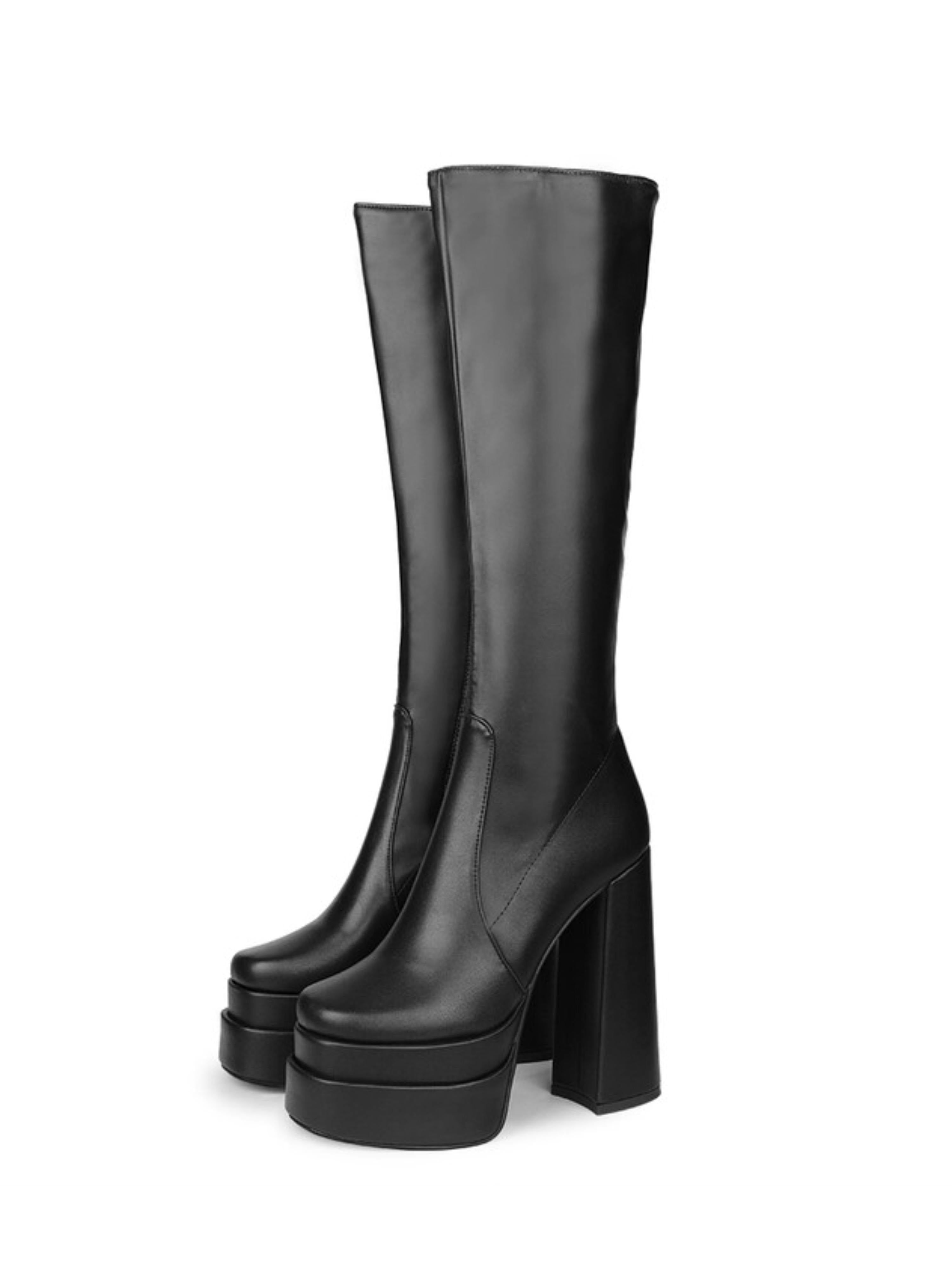Black Platform Knee-High Chunky Heel Boots