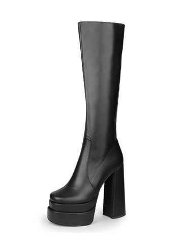 Black Platform Knee-High Chunky Heel Boots